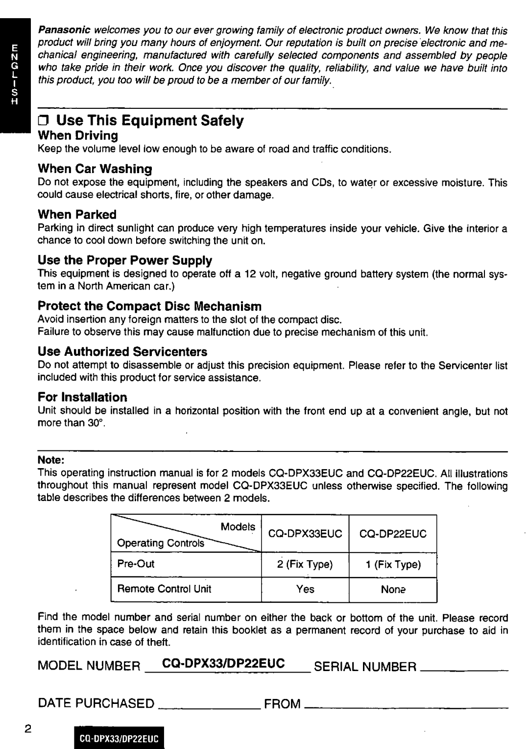 Panasonic DP22EUC manual 