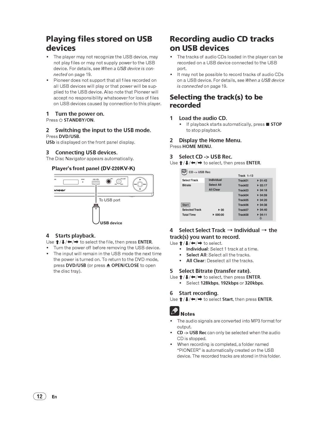 Panasonic DV-220KV-K, DV-120K-K manual Playing files stored on USB devices, Recording audio CD tracks on USB devices 