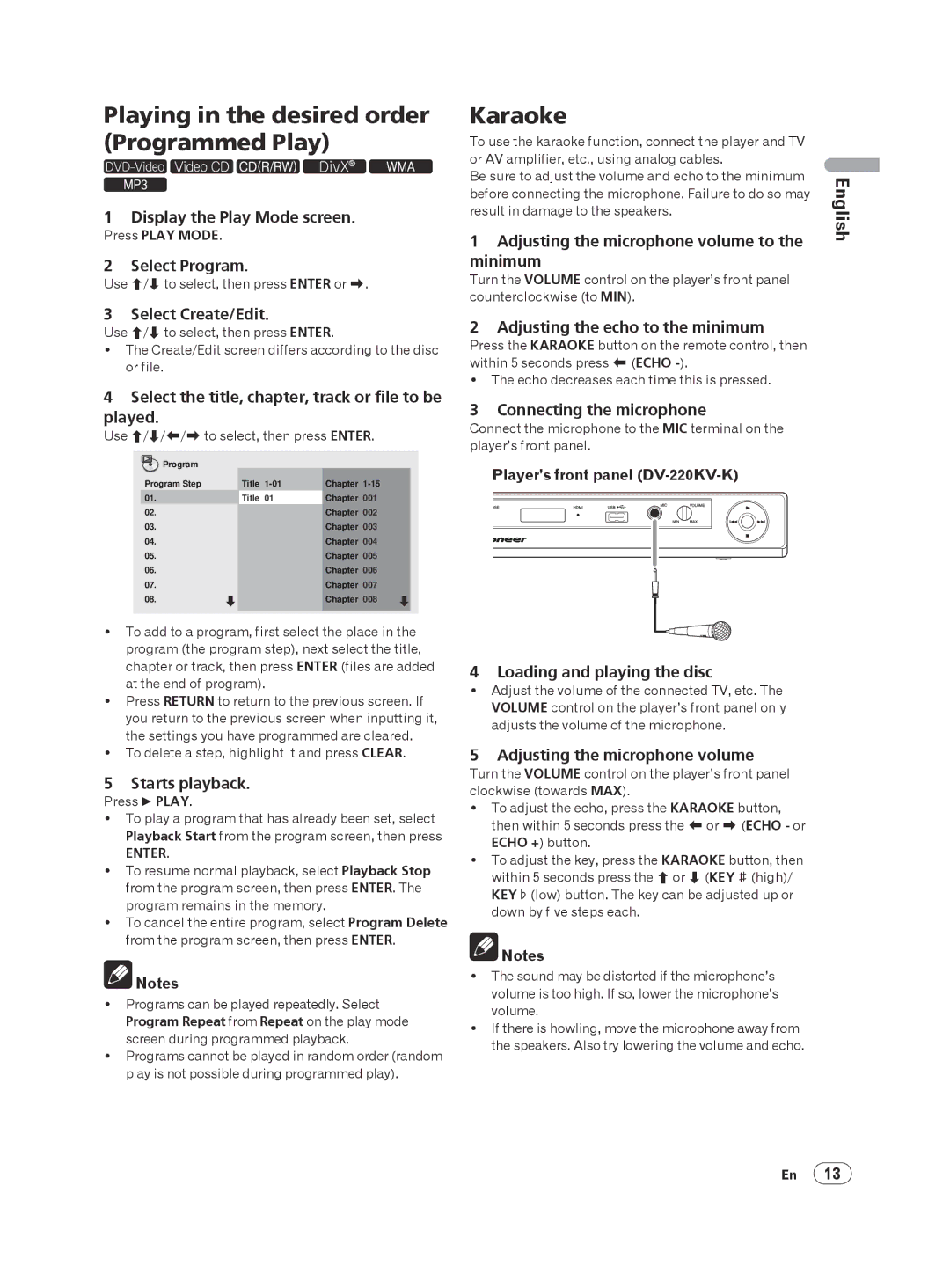 Panasonic DV-120K-K, DV-220KV-K manual Playing in the desired order Programmed Play, Karaoke 