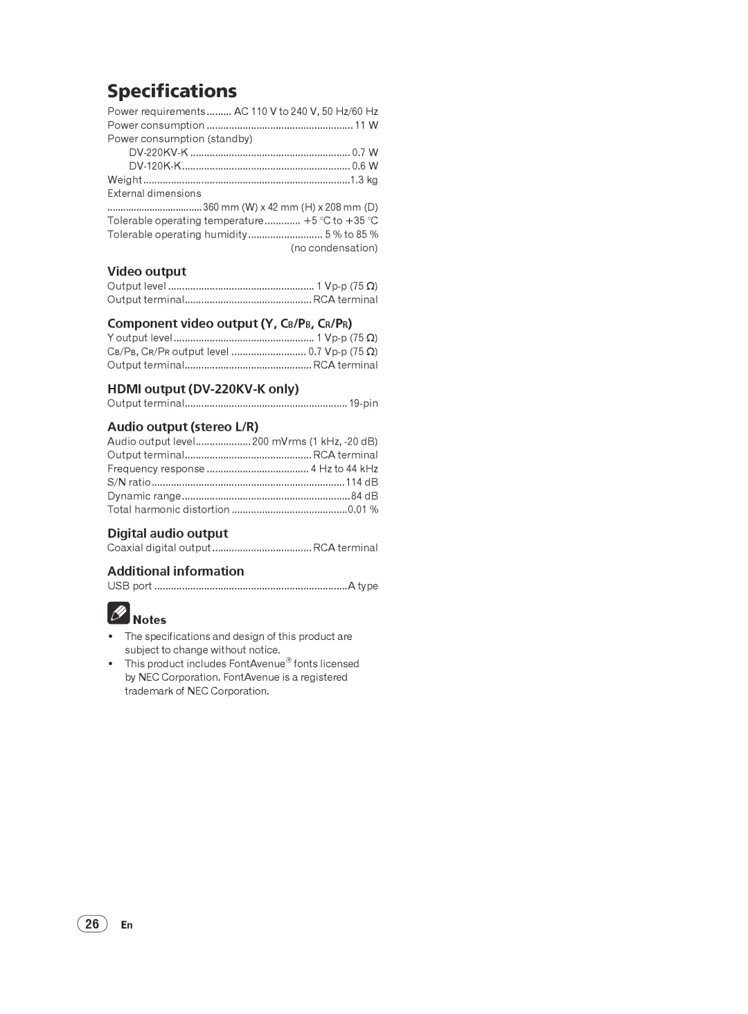 Panasonic DV-220KV-K, DV-120K-K manual Specifications 