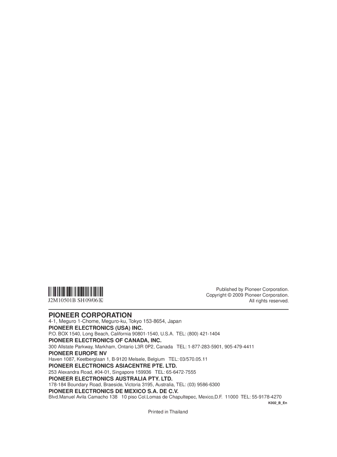 Panasonic DV-120K-K, DV-220KV-K manual Pioneer Corporation 