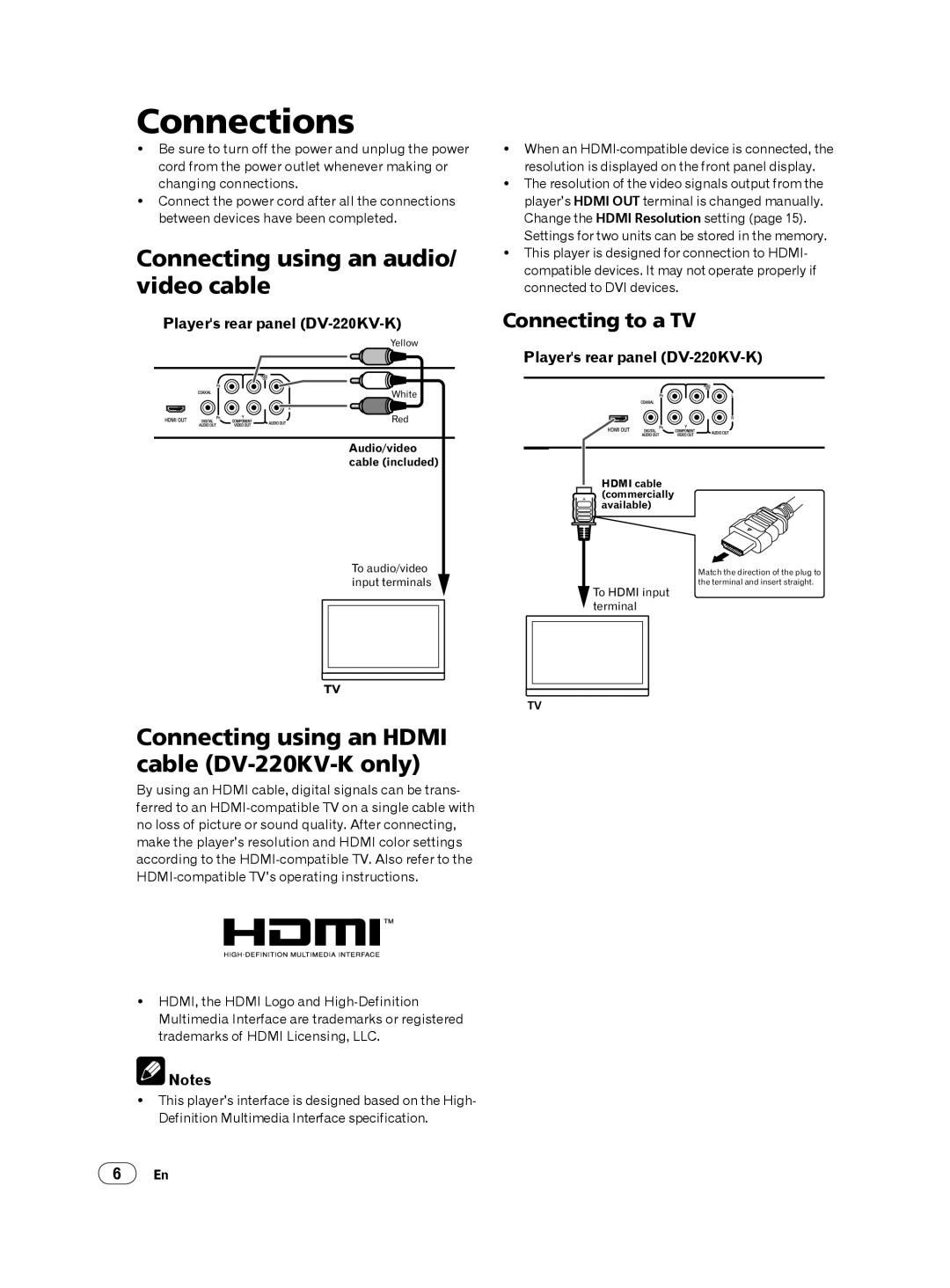 Panasonic manual Connections, Connecting using an audio/ video cable, Connecting using an Hdmi cable DV-220KV-K only 