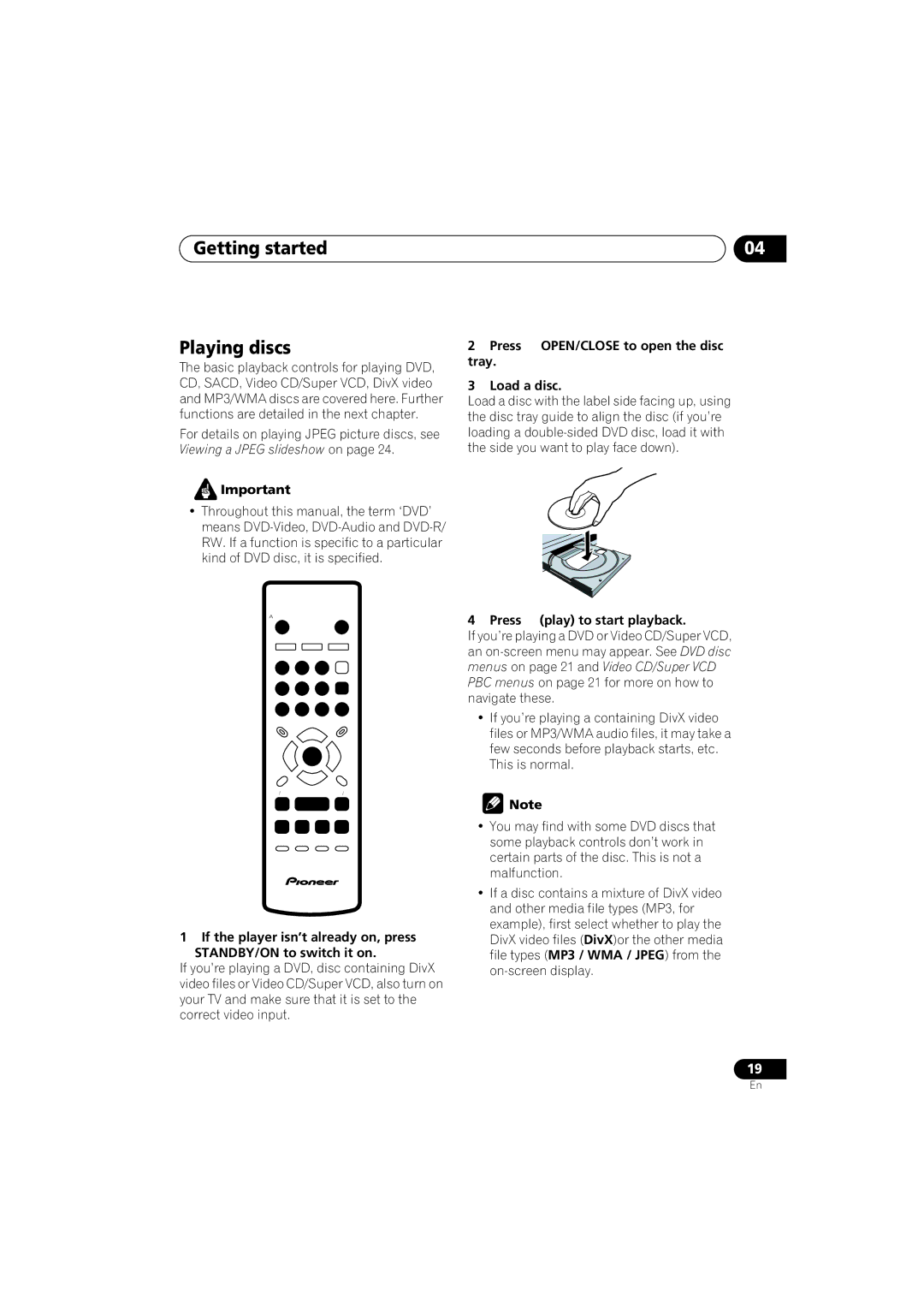 Panasonic DV-686A-s manual Getting started Playing discs, Press OPEN/CLOSE to open the disc tray Load a disc 