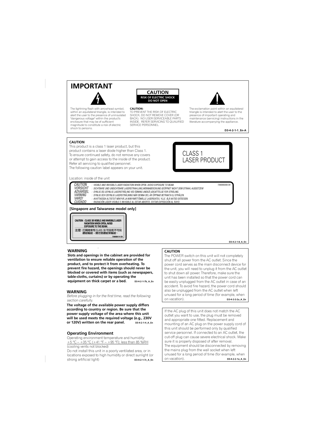 Panasonic DV-686A-s manual Operating Environment, Risk of Electric Shock Do not Open 