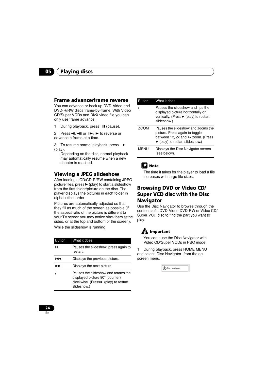 Panasonic DV-686A-s Playing discs Frame advance/frame reverse, Viewing a Jpeg slideshow, During playback, press pause 