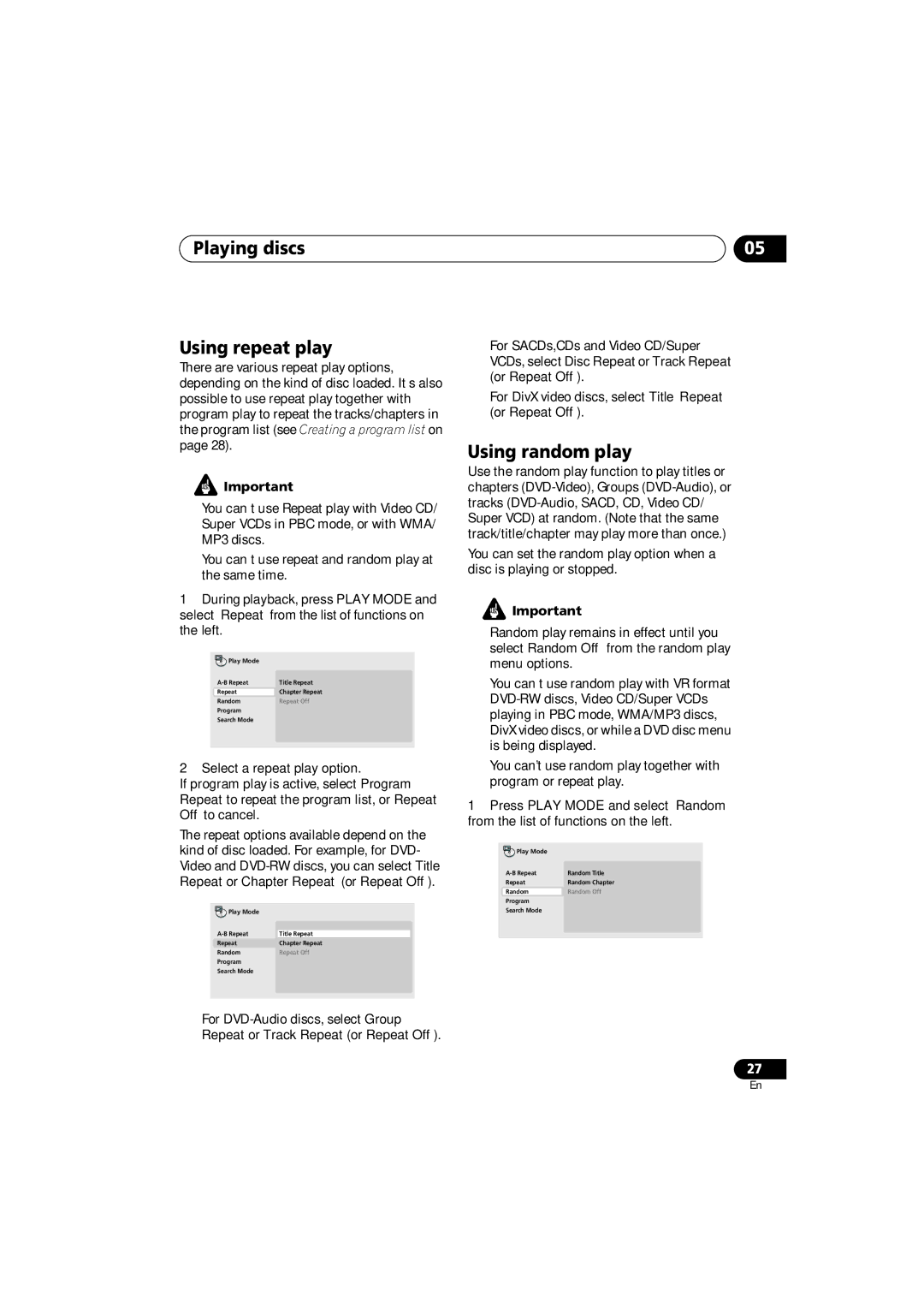 Panasonic DV-686A-s manual Playing discs Using repeat play, Using random play, Select a repeat play option 