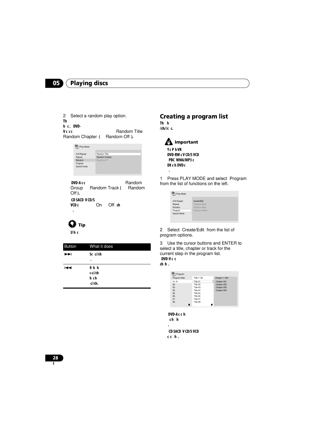 Panasonic DV-686A-s manual Creating a program list, Select a random play option 