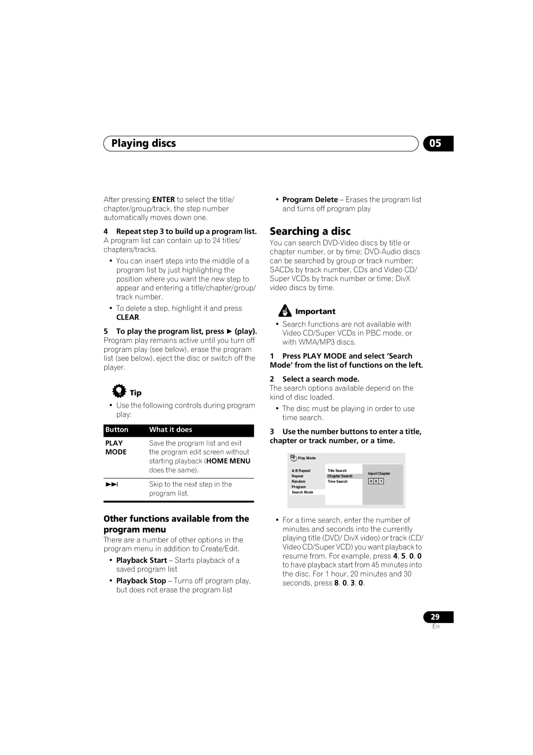 Panasonic DV-686A-s manual Searching a disc, Other functions available from the program menu, Clear, Play, Mode 