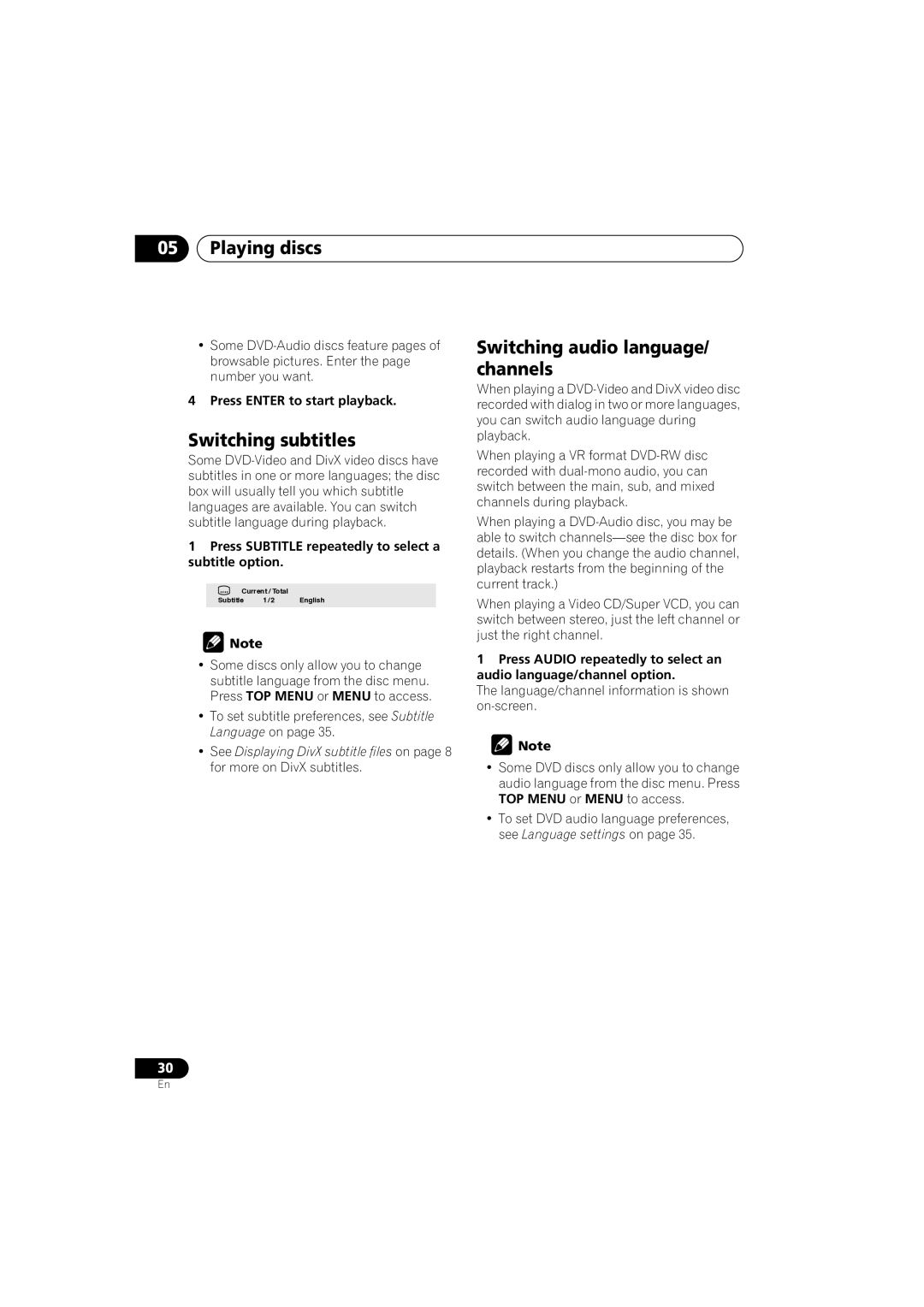 Panasonic DV-686A-s manual Switching subtitles, Switching audio language/ channels, Press Enter to start playback 