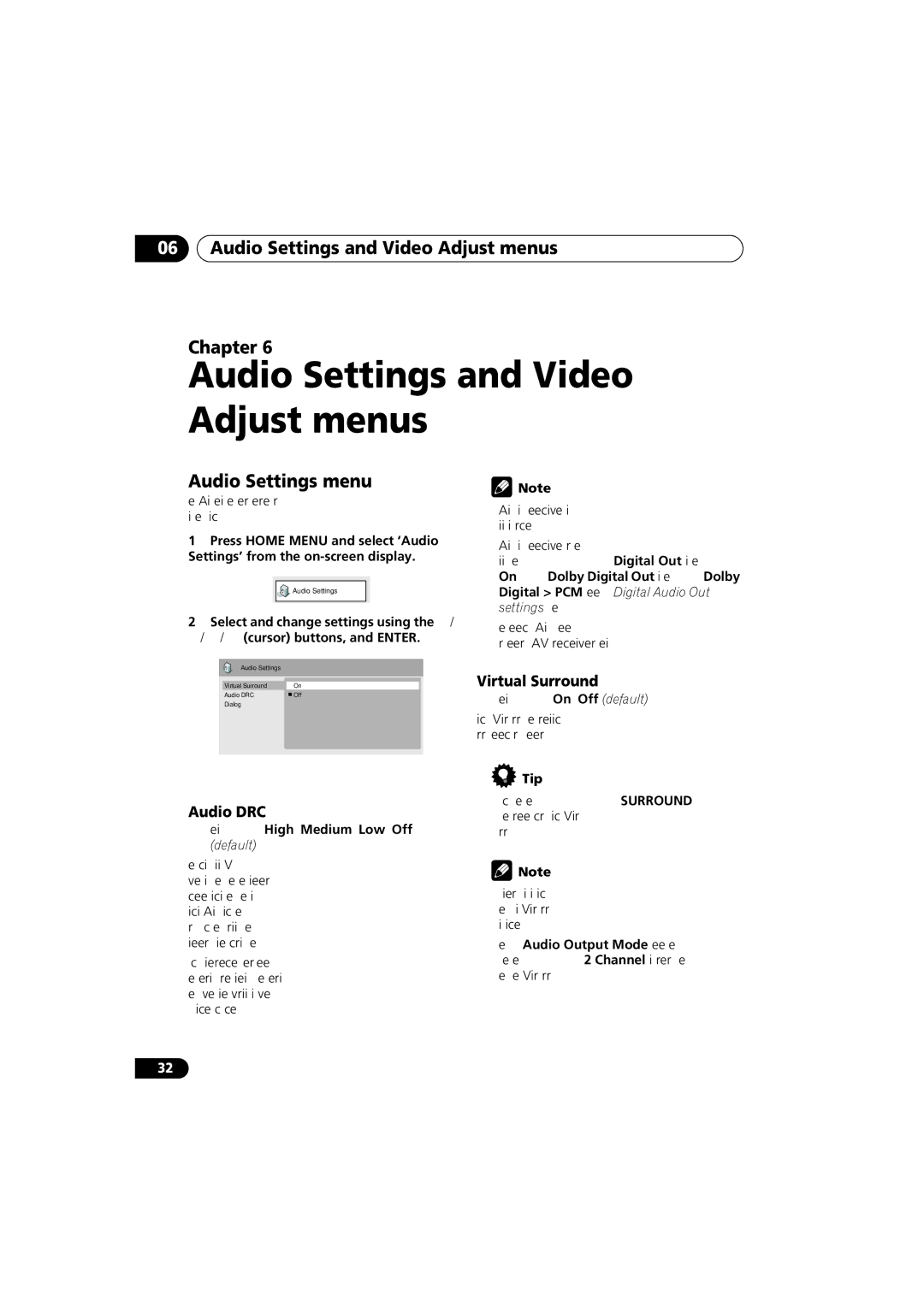 Panasonic DV-686A-s Audio Settings and Video Adjust menus Chapter, Audio Settings menu, Audio DRC, Virtual Surround 