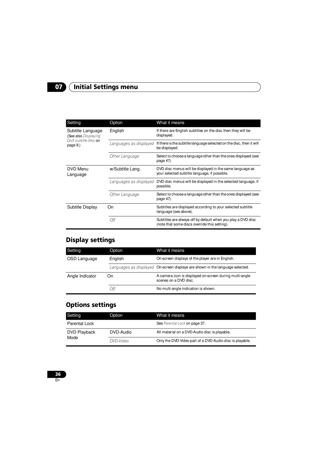 Panasonic DV-686A-s manual Display settings, Options settings 