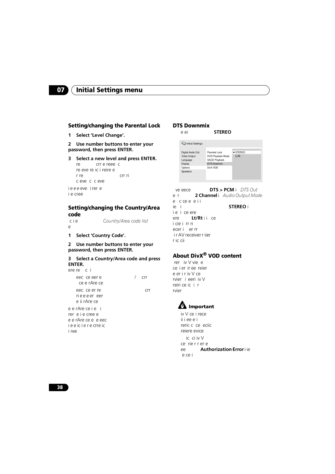 Panasonic DV-686A-s manual Setting/changing the Parental Lock, Setting/changing the Country/Area code, DTS Downmix 