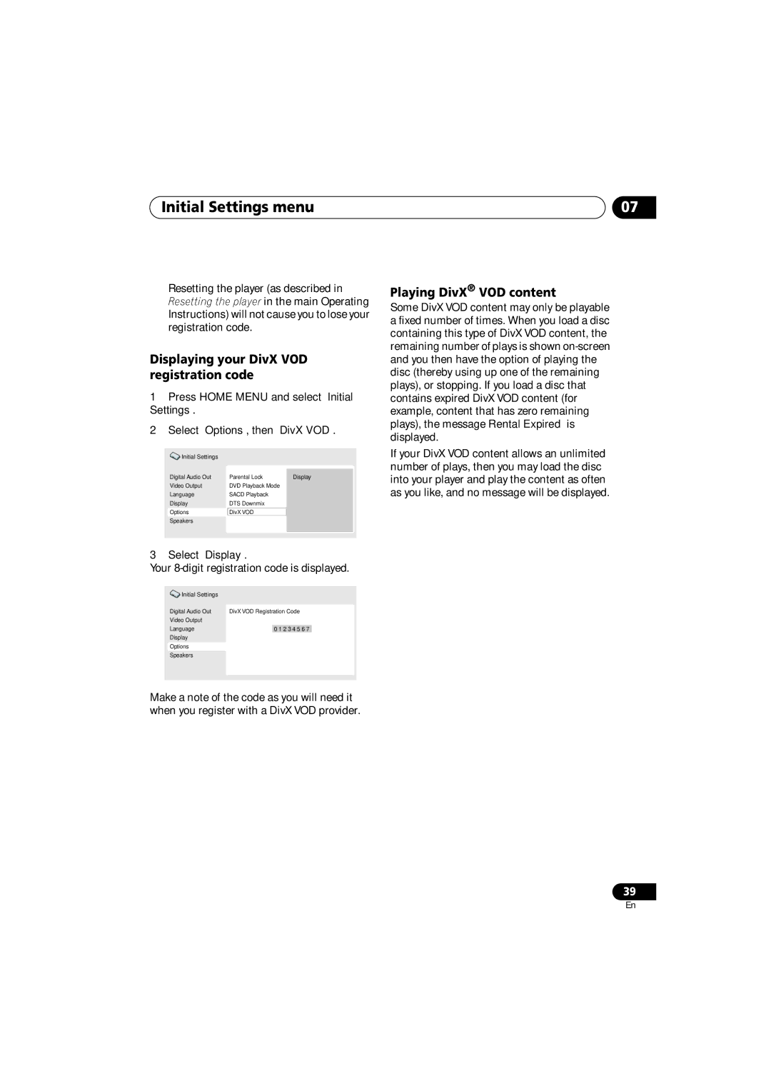 Panasonic DV-686A-s manual Displaying your DivX VOD registration code, Playing DivX VOD content, Select ‘Display’ 