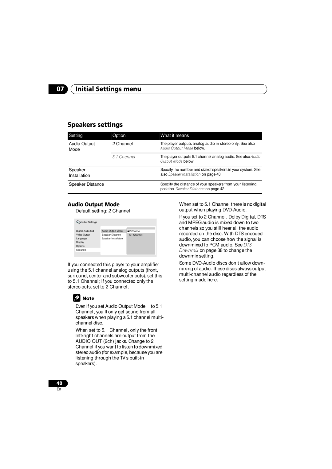 Panasonic DV-686A-s manual Initial Settings menu Speakers settings, Audio Output Mode 