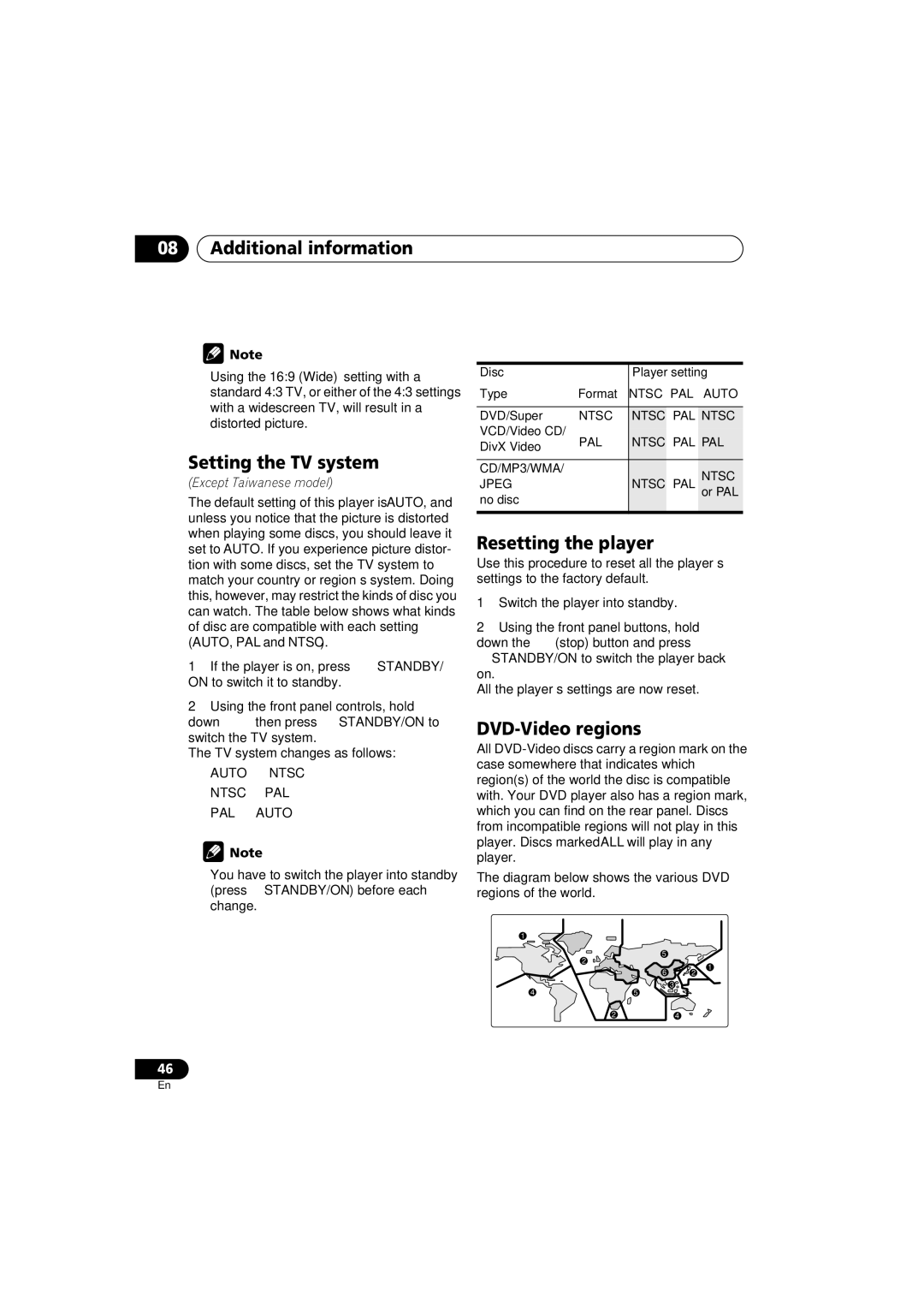 Panasonic DV-686A-s manual Setting the TV system, Resetting the player, DVD-Video regions 