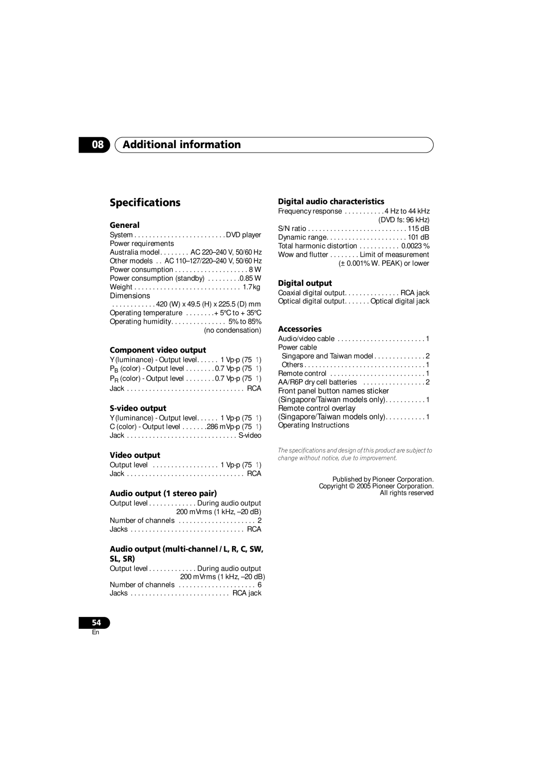 Panasonic DV-686A-s manual Additional information Specifications, General 