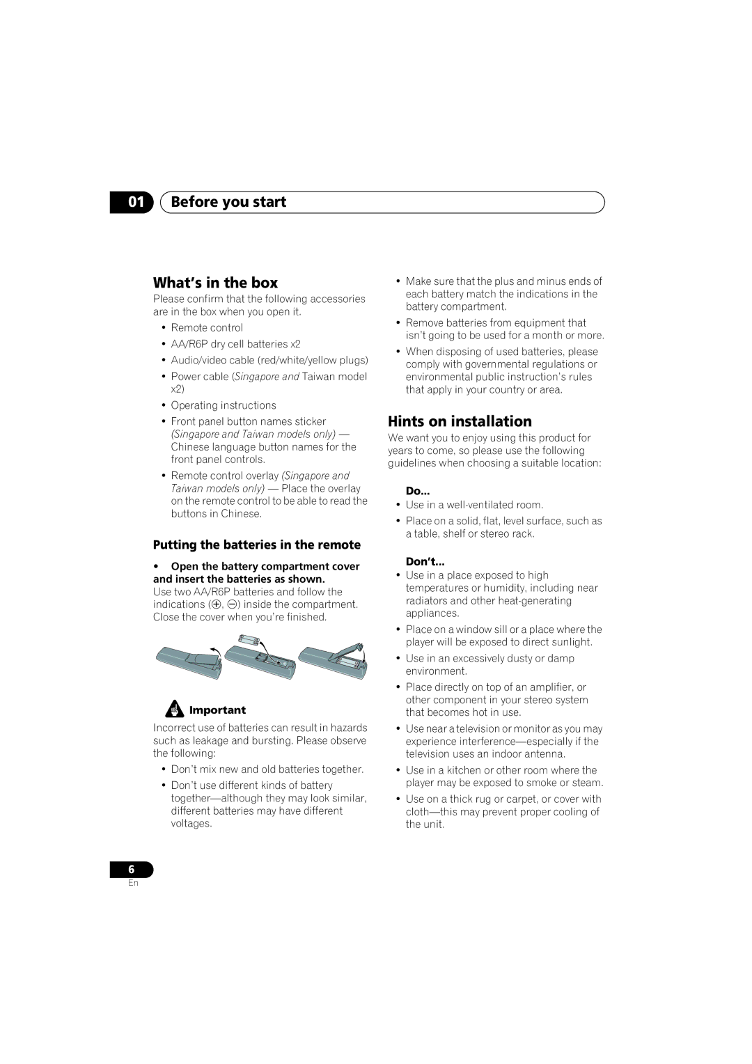 Panasonic DV-686A-s manual Before you start What’s in the box, Hints on installation, Putting the batteries in the remote 