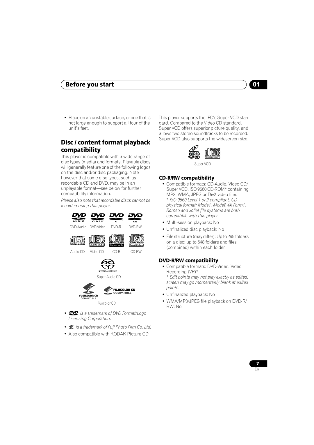 Panasonic DV-686A-s manual Before you start, Disc / content format playback compatibility, CD-R/RW compatibility 