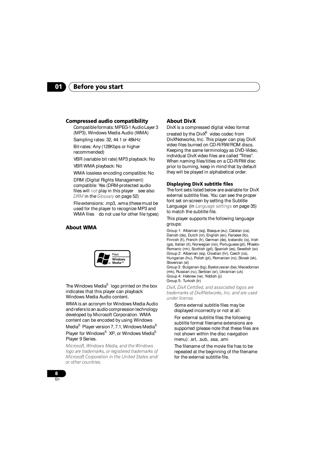 Panasonic DV-686A-s manual Compressed audio compatibility, About WMA, About DivX 