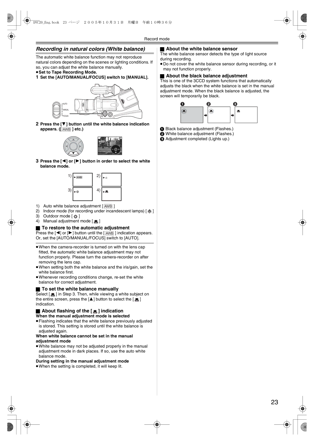 Panasonic DVC20 operating instructions Recording in natural colors White balance 