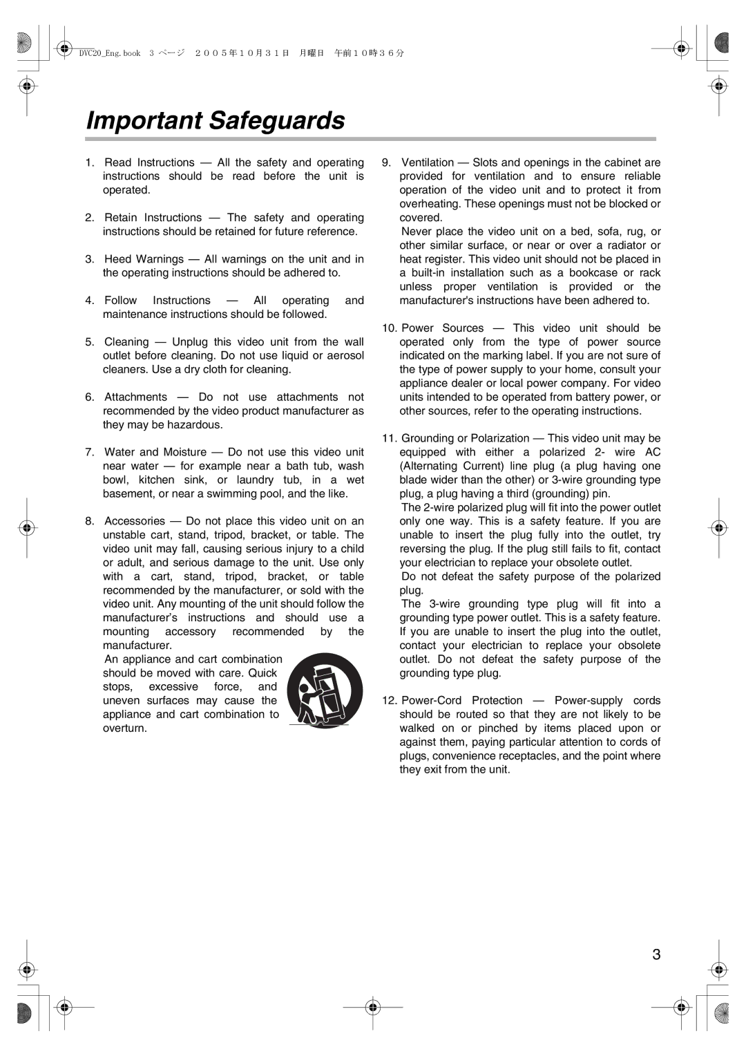 Panasonic DVC20 operating instructions Important Safeguards 