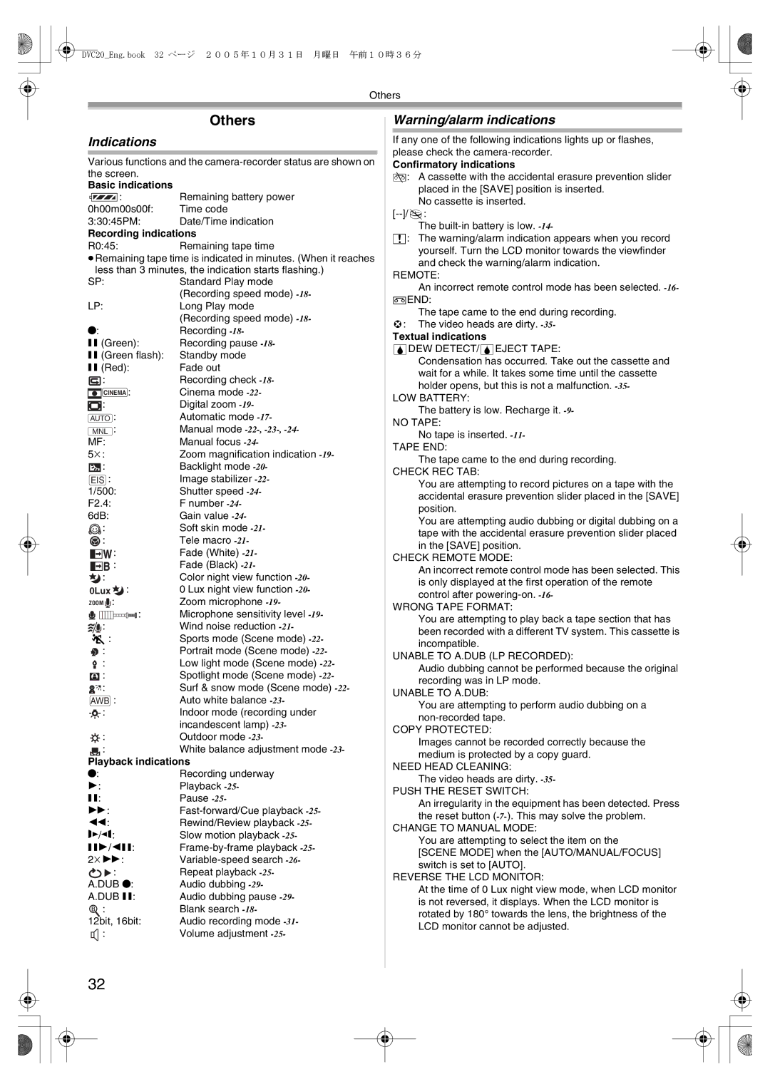 Panasonic DVC20 operating instructions Others, Indications 