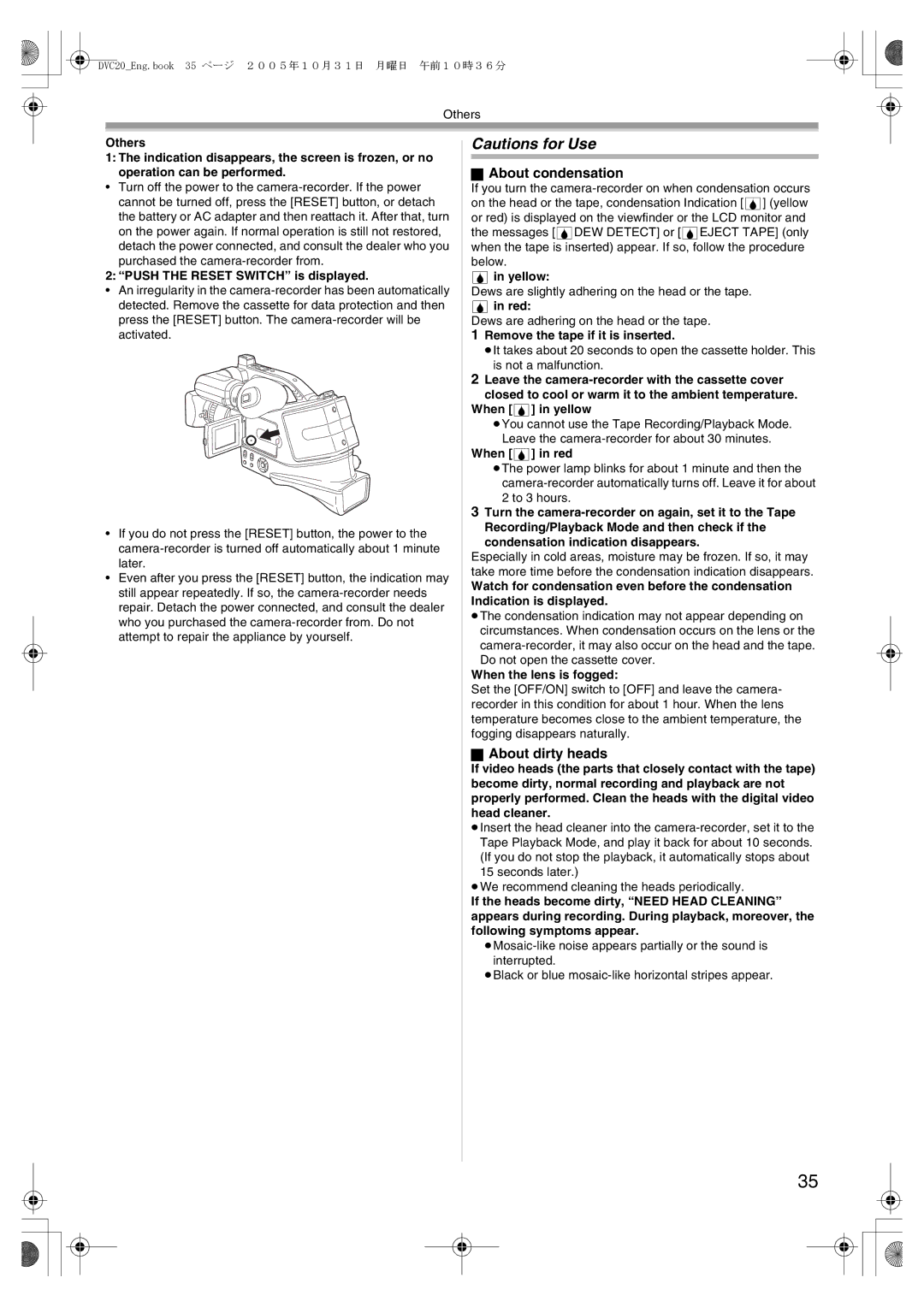 Panasonic DVC20 operating instructions About condensation, About dirty heads 