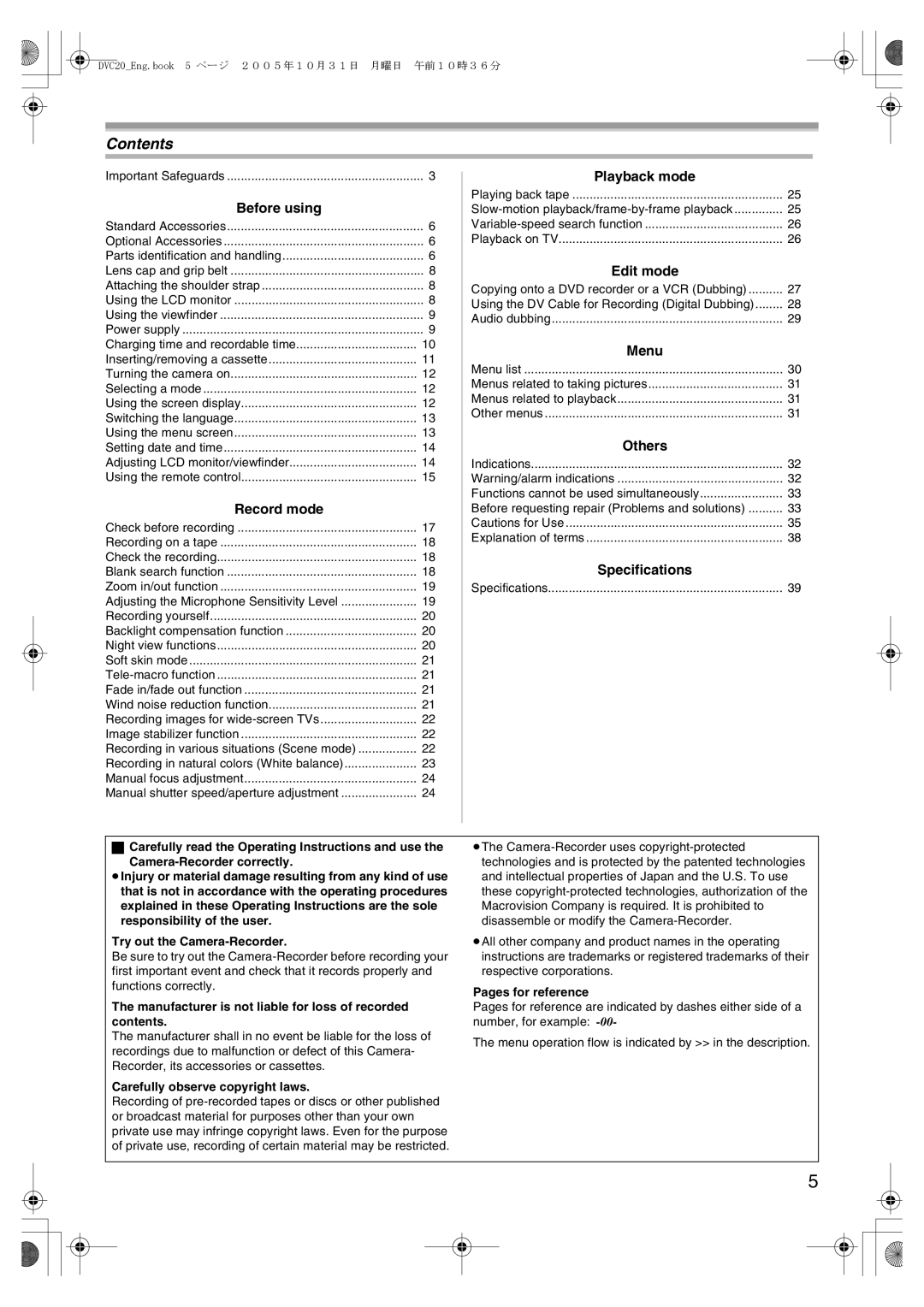 Panasonic DVC20 operating instructions Contents 