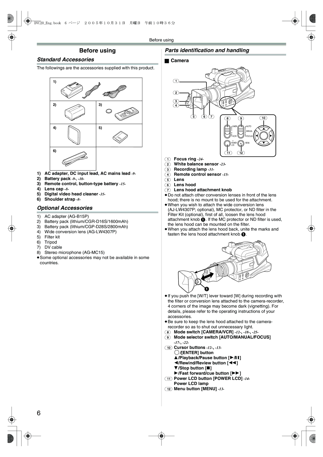 Panasonic DVC20 Before using, Standard Accessories, Optional Accessories, Parts identification and handling, Camera 