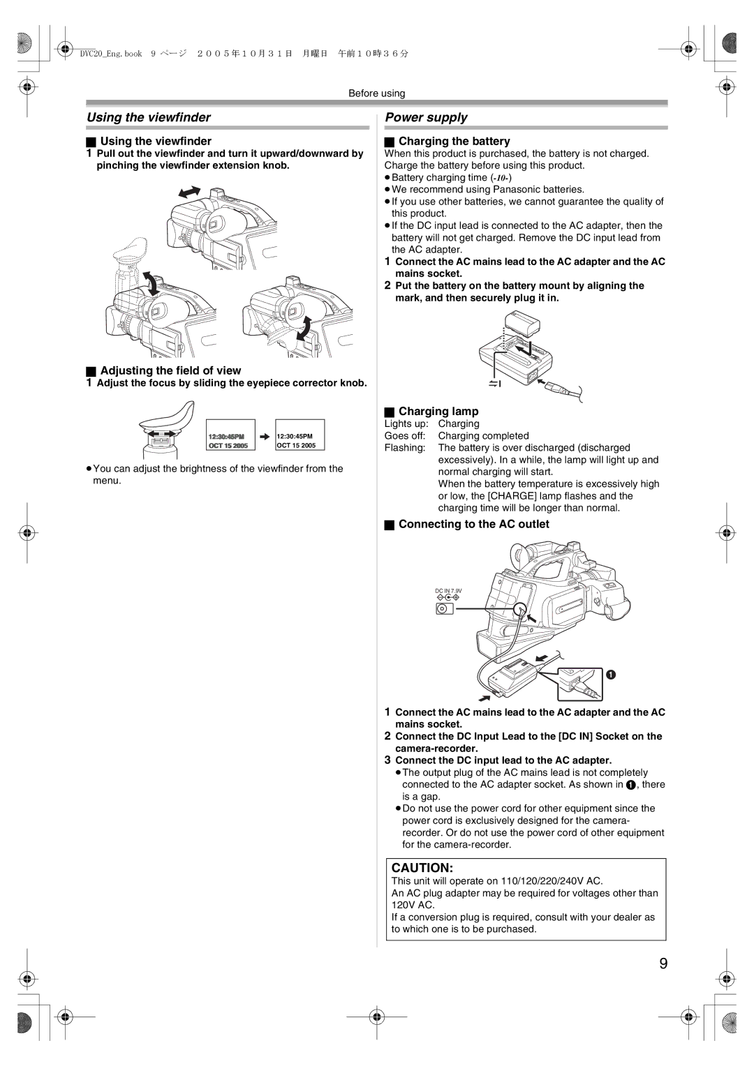 Panasonic DVC20 operating instructions Using the viewfinder, Power supply 