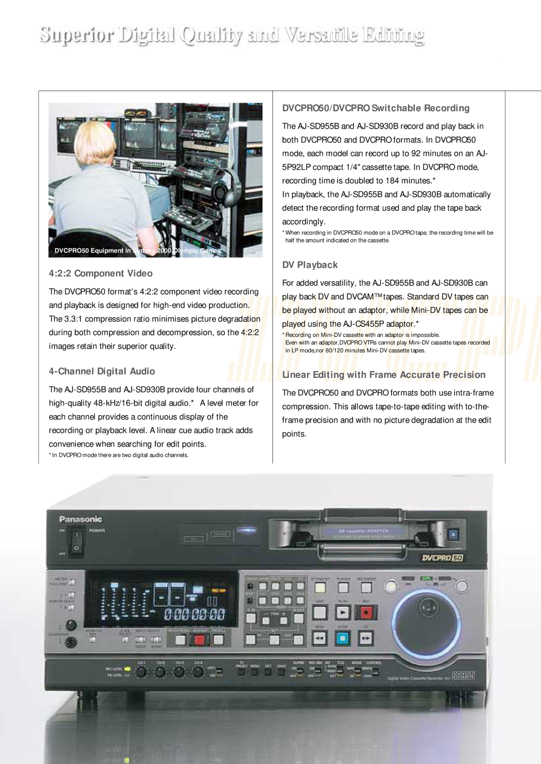 Panasonic AJ-SD955B, DVCPRO50, AJ-SD930B manual Superior Digital Quality and Versatile Editing 