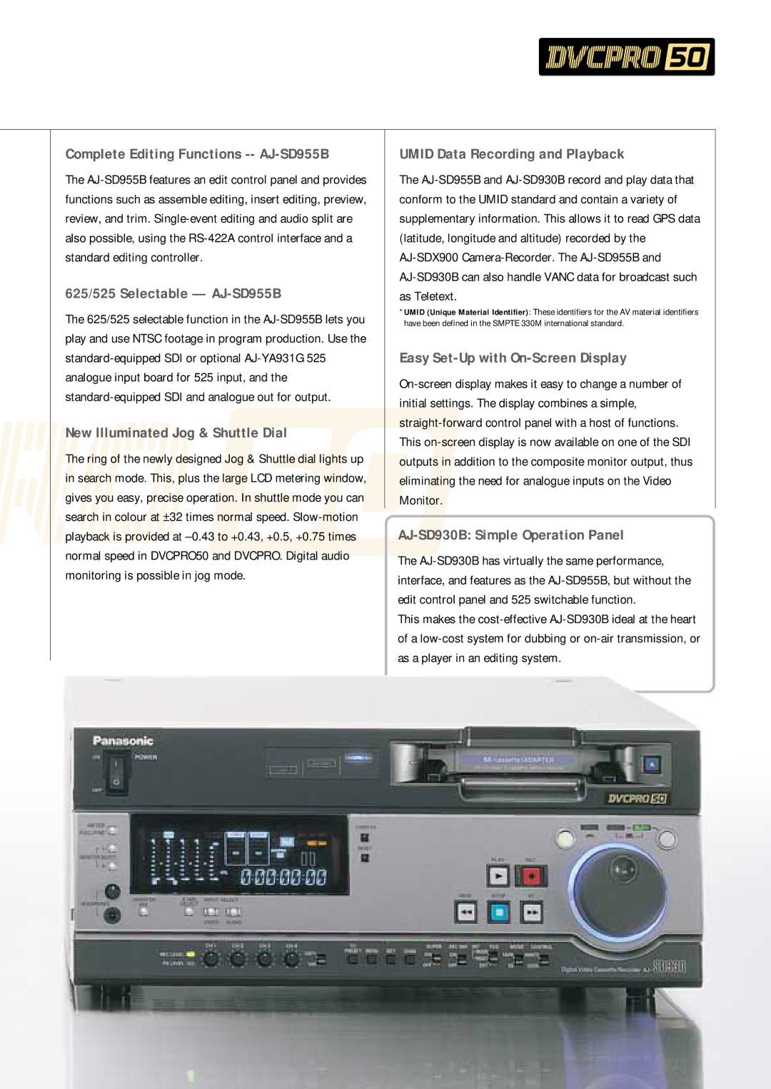 Panasonic AJ-SD930B, DVCPRO50 manual Complete Editing Functions -- AJ-SD955B, 625/525 Selectable AJ-SD955B 