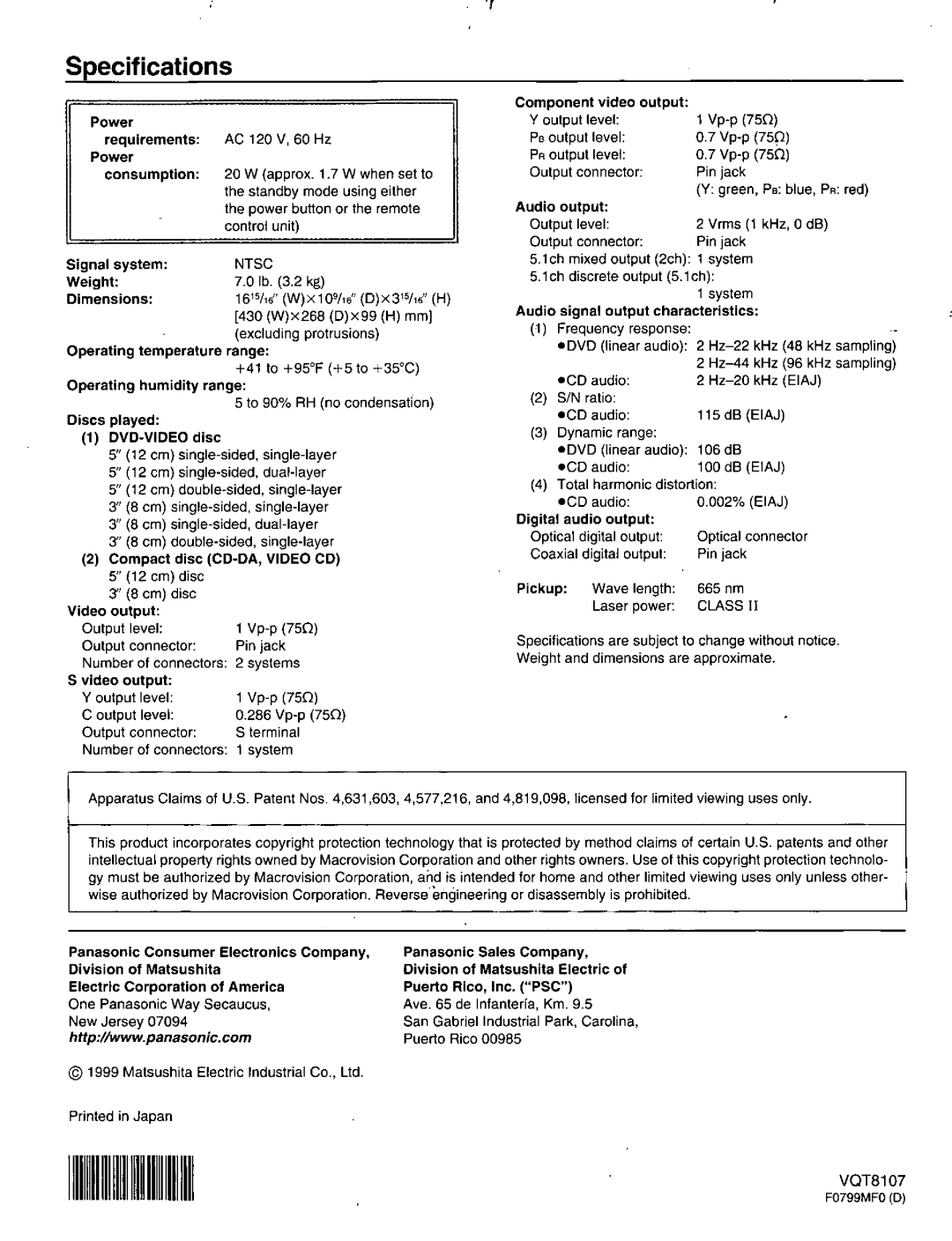 Panasonic DVD-A320U manual 