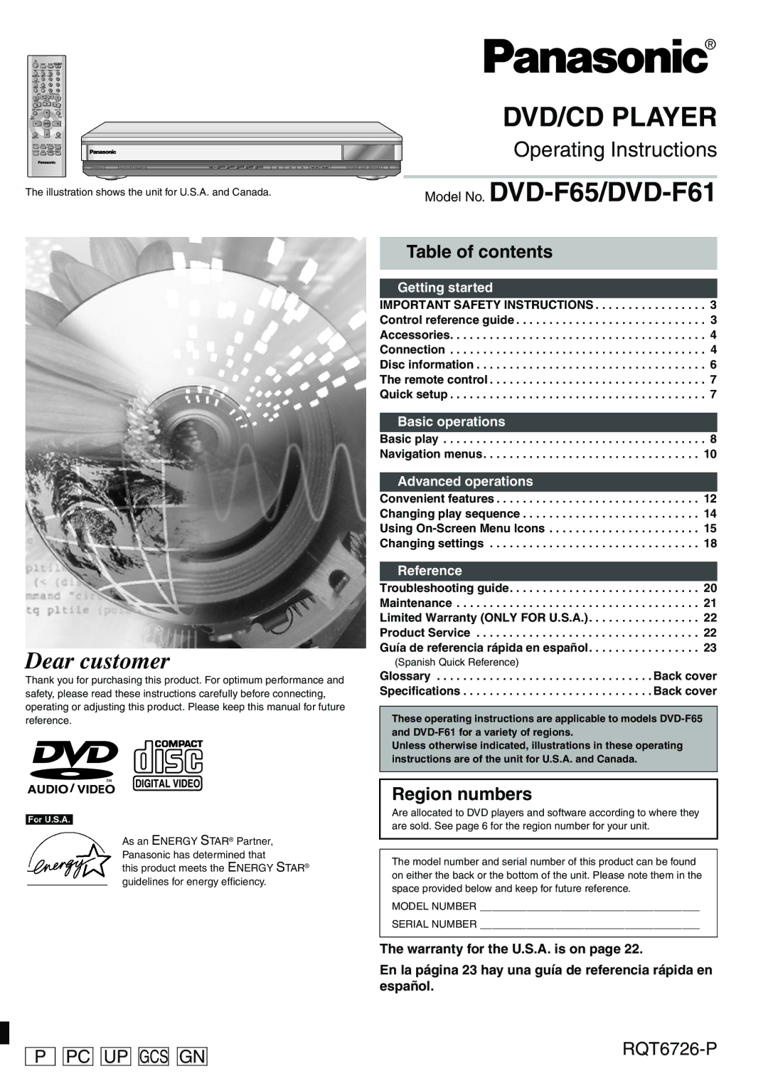 Panasonic DVD-F61 important safety instructions Table of contents, Region numbers 