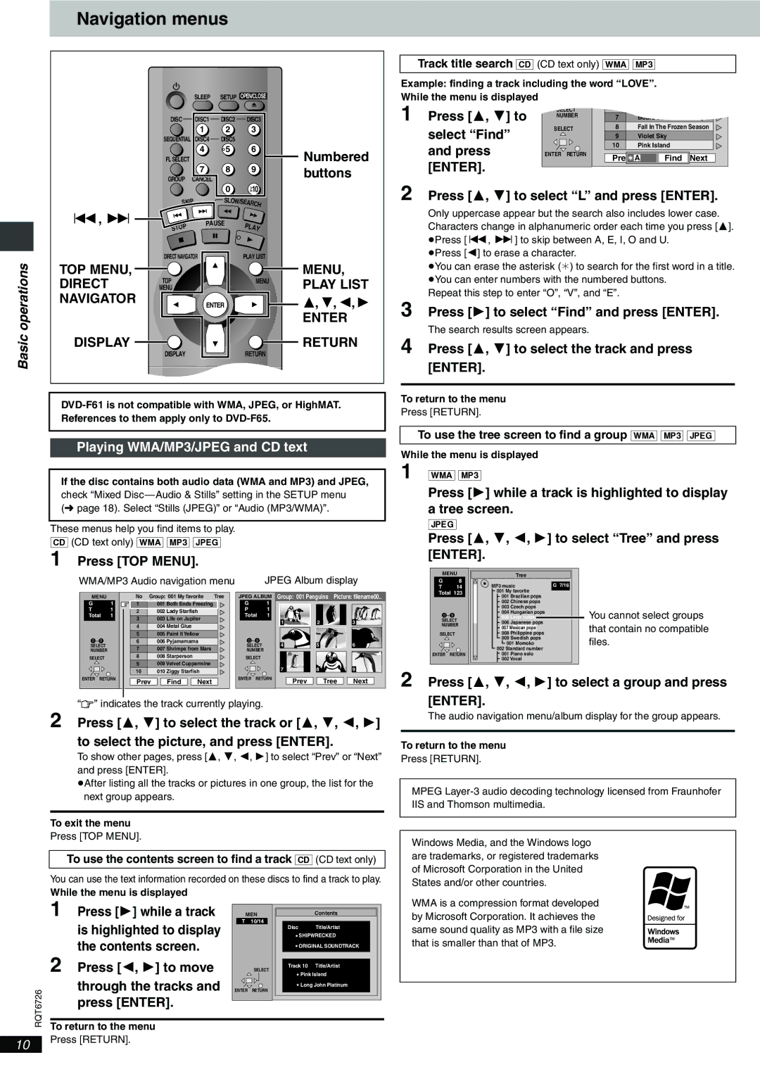 Panasonic DVD-F61 important safety instructions Navigation menus, TOP Menu Direct, Play List, Navigator, Display 