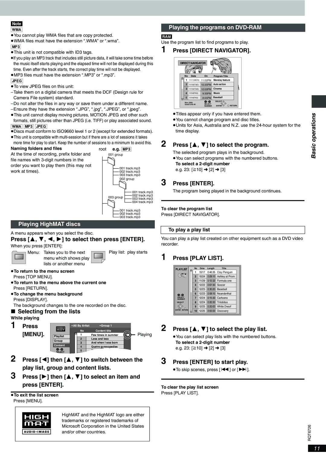 Panasonic DVD-F61 important safety instructions Playing the programs on DVD-RAM 