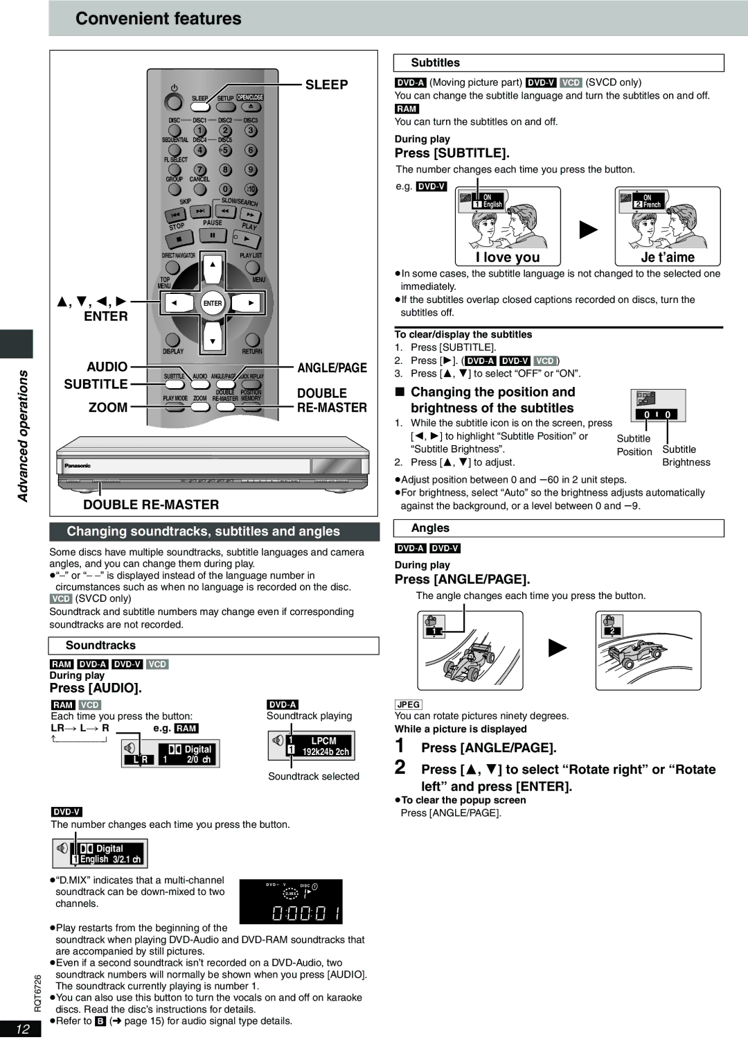 Panasonic DVD-F61 important safety instructions Convenient features, Advanced 