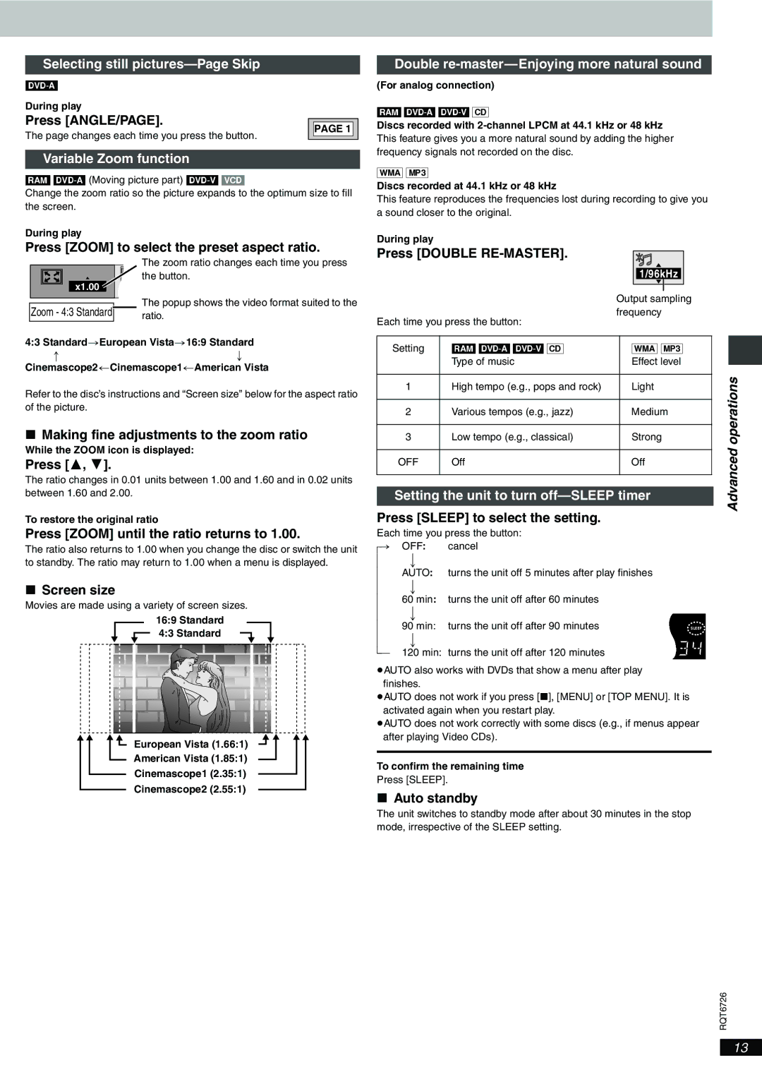 Panasonic DVD-F61 Selecting still pictures-Page Skip, Variable Zoom function, Double re-master-Enjoying more natural sound 