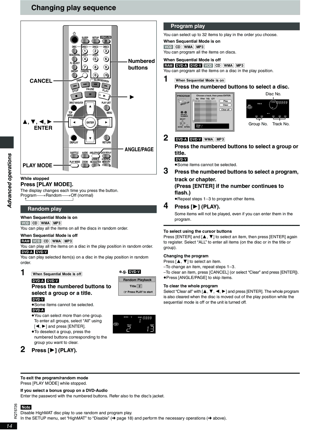 Panasonic DVD-F61 important safety instructions Changing play sequence, Cancel, Advanced operations, Angle/Page, Play Mode 