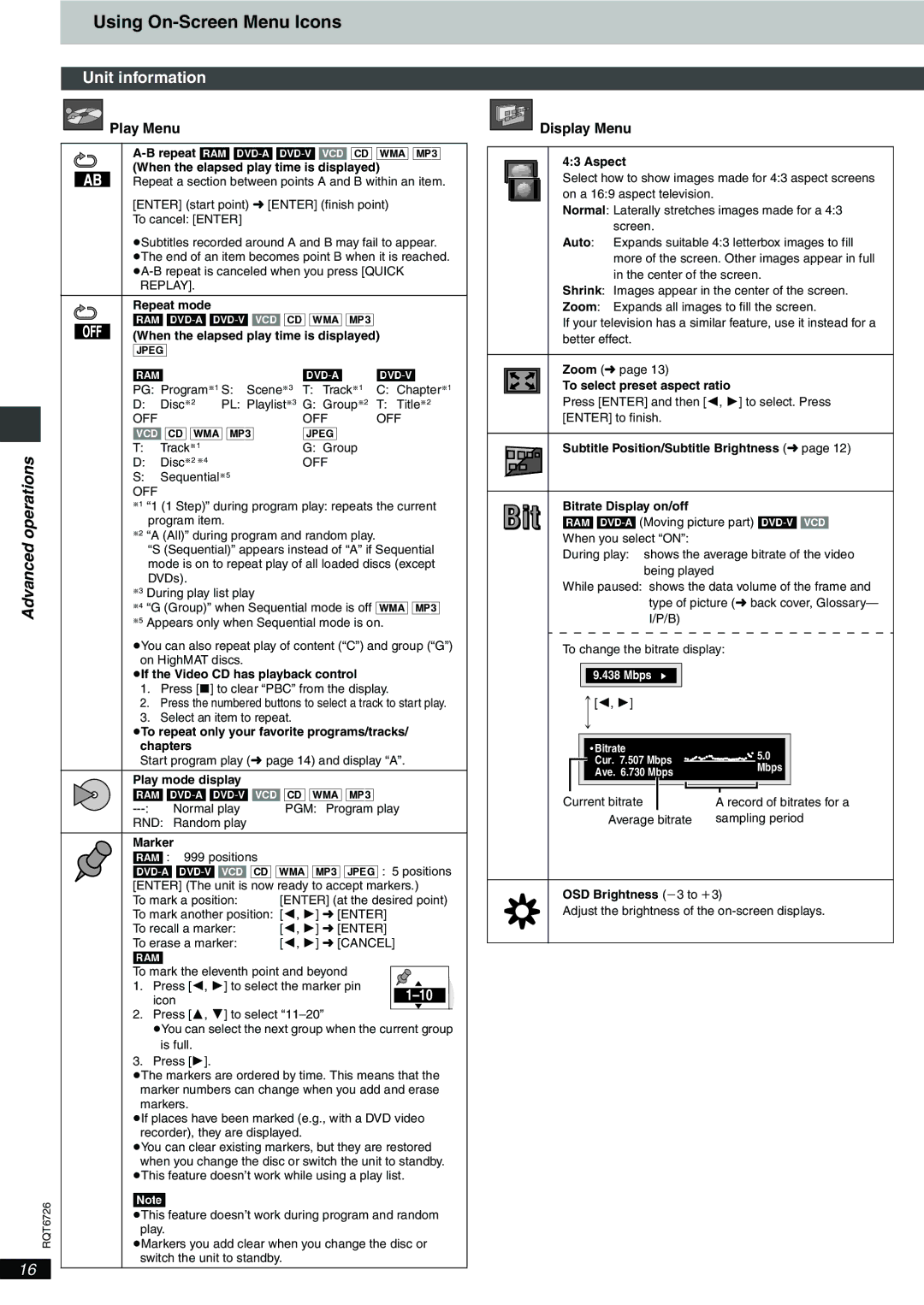 Panasonic DVD-F61 important safety instructions Unit information, Display Menu, Play Menu 