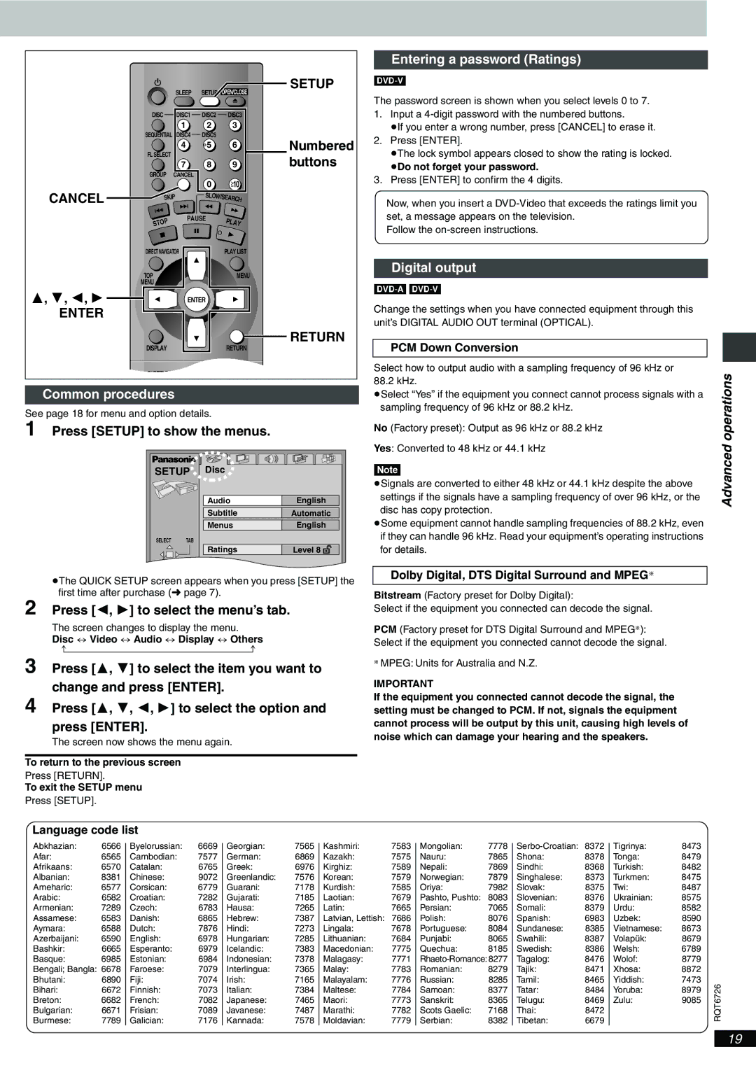 Panasonic DVD-F61 Entering a password Ratings, Digital output, Press Setup to show the menus 