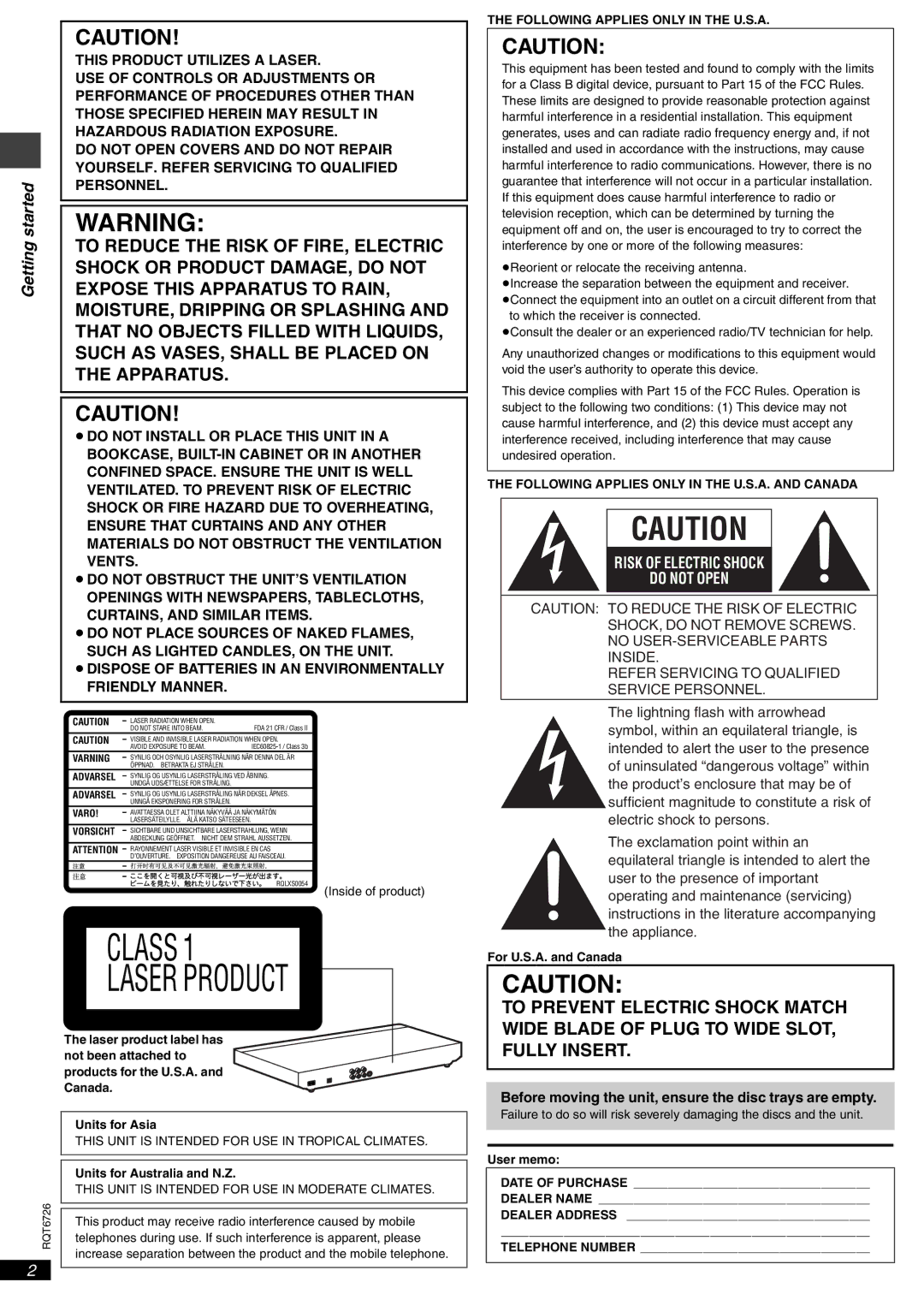 Panasonic DVD-F61 Started, Before moving the unit, ensure the disc trays are empty, Following Applies only in the U.S.A 