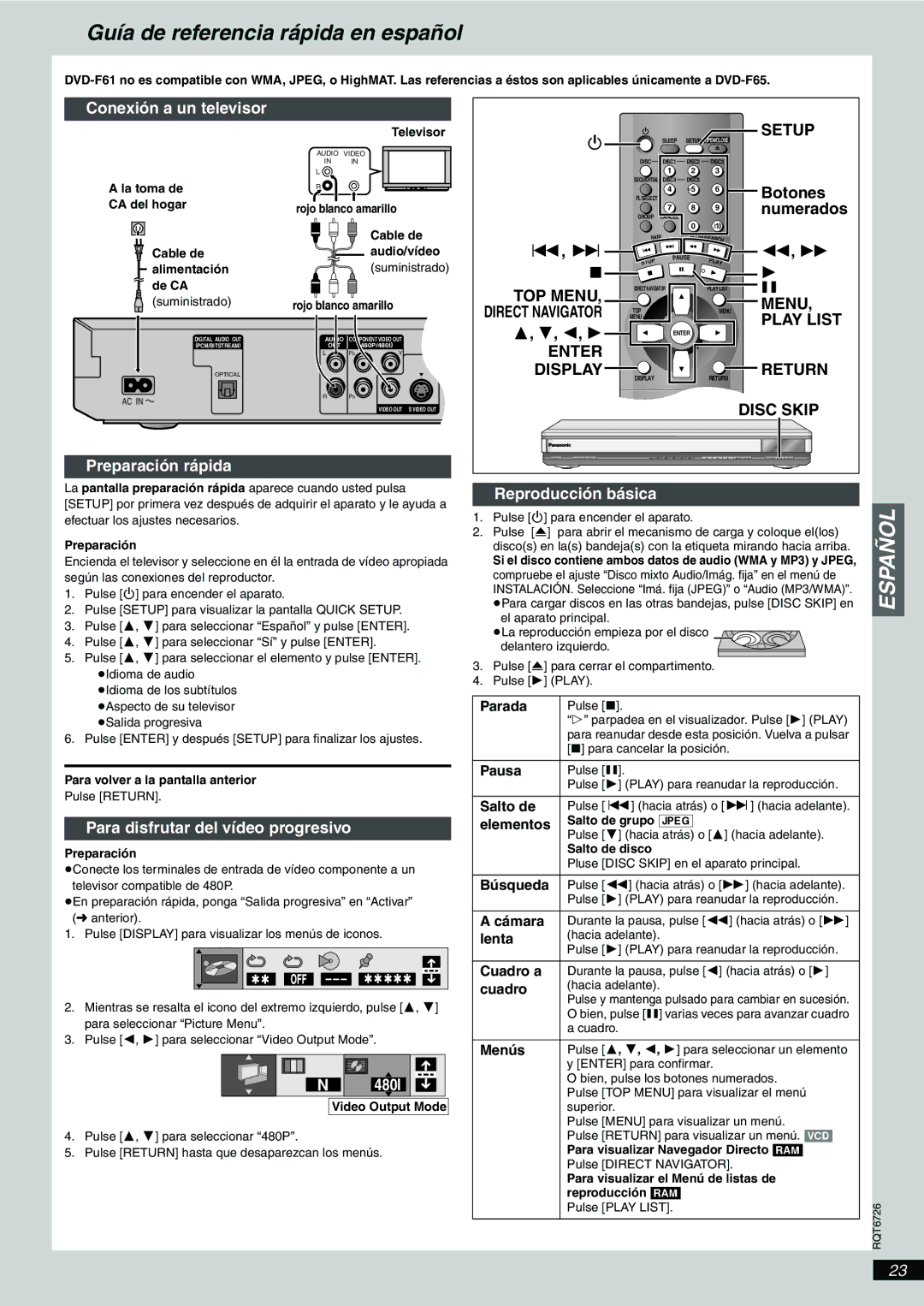 Panasonic DVD-F61 important safety instructions Menu Play List Return, Disc Skip 