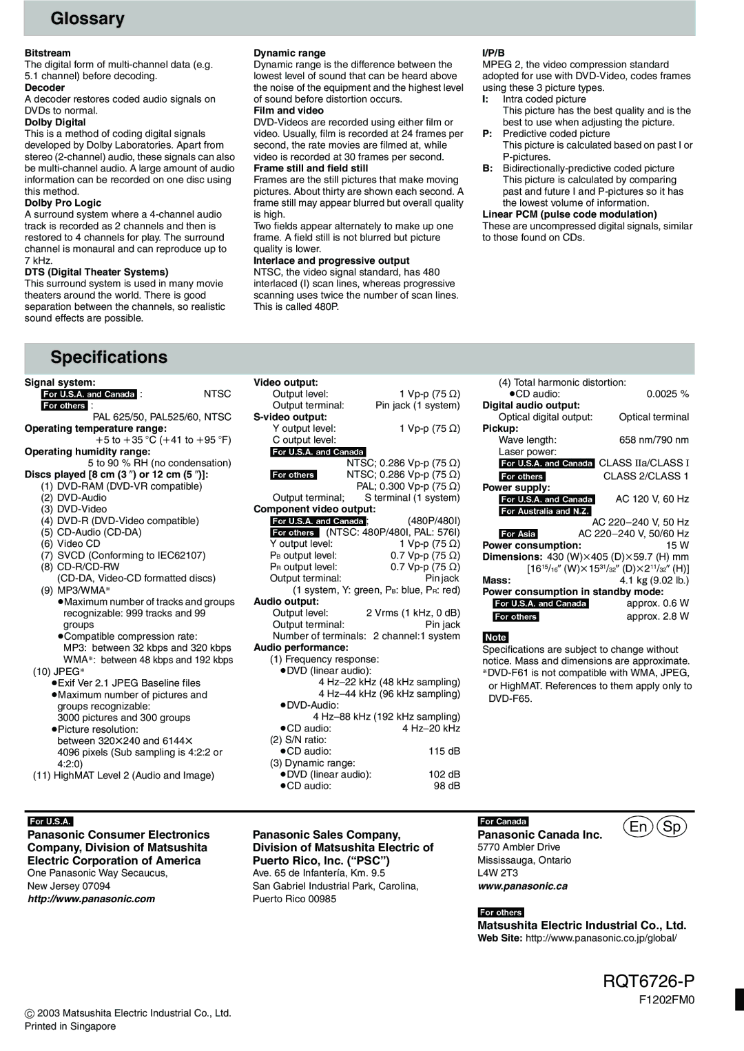 Panasonic DVD-F61 Glossary, Specifications, Electric Corporation of America Puerto Rico, Inc. PSC 