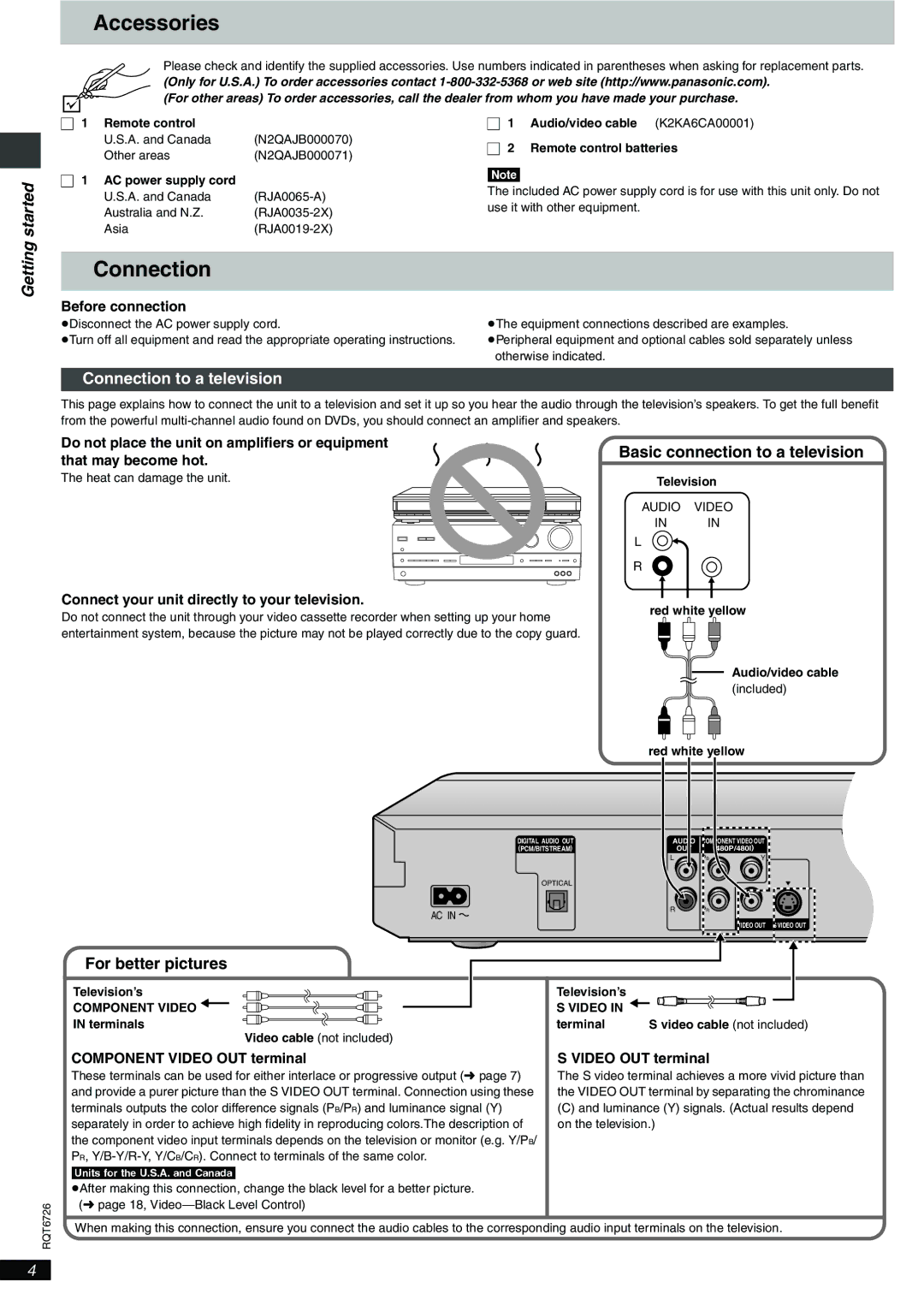 Panasonic DVD-F61 Accessories, Connection to a television, Basic connection to a television, For better pictures 