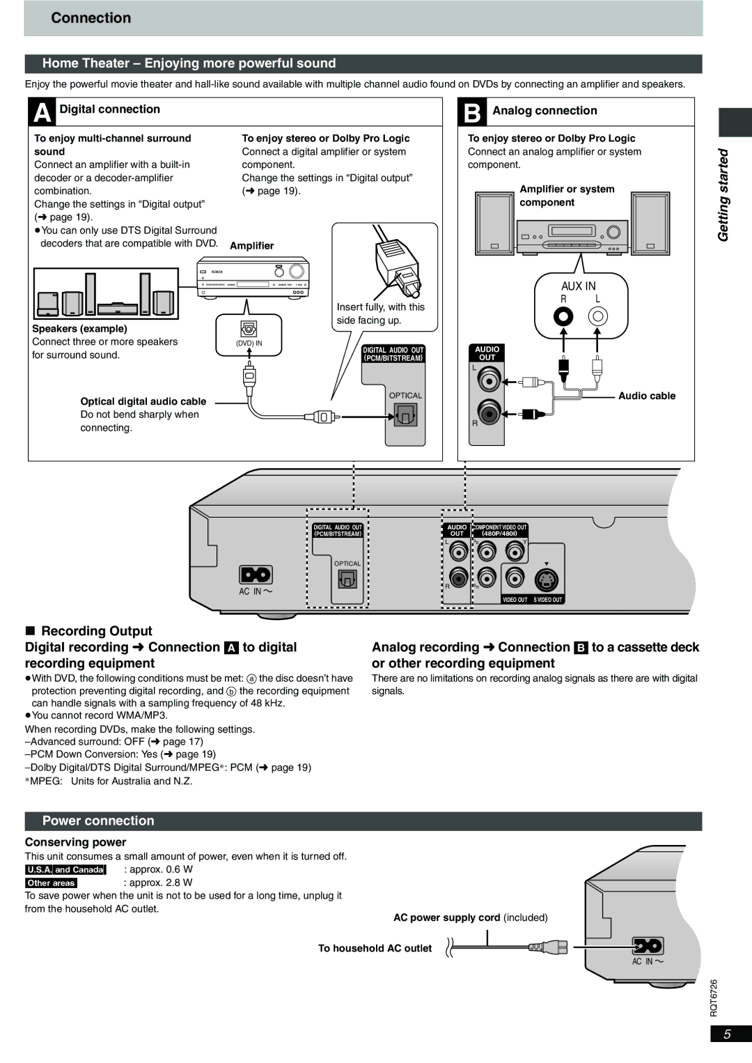 Panasonic DVD-F61 Home Theater Enjoying more powerful sound, Getting, Power connection, Digital connection 