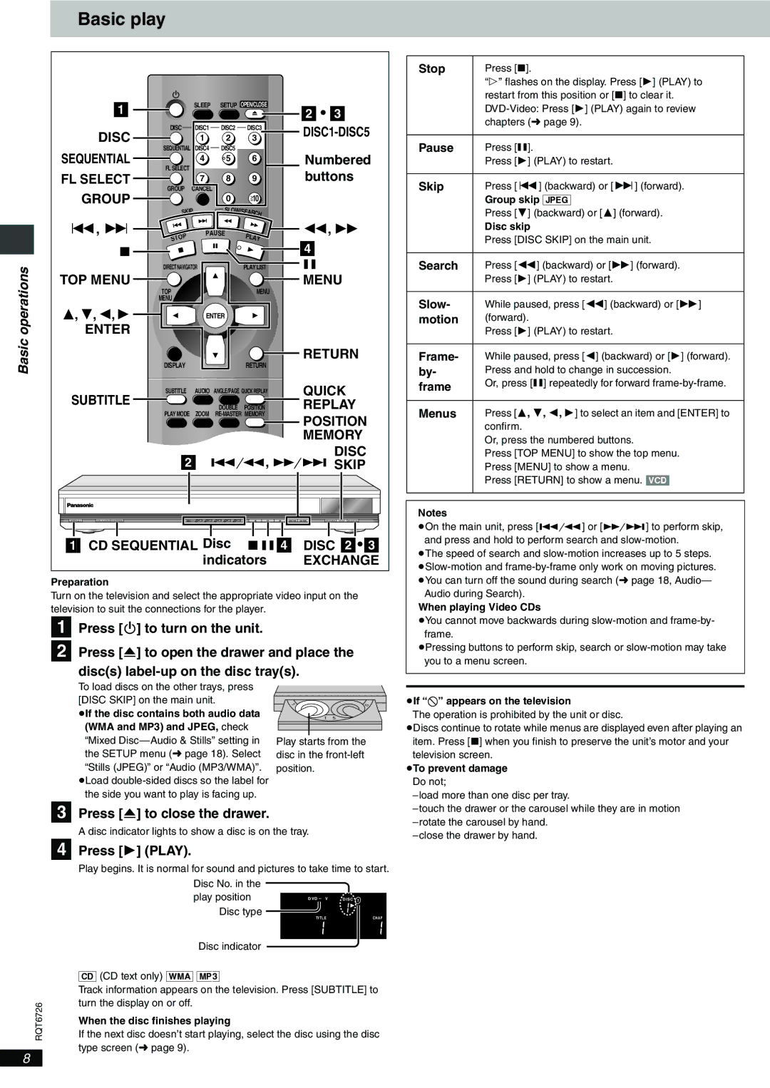 Panasonic DVD-F61 important safety instructions Basic play, Operations 