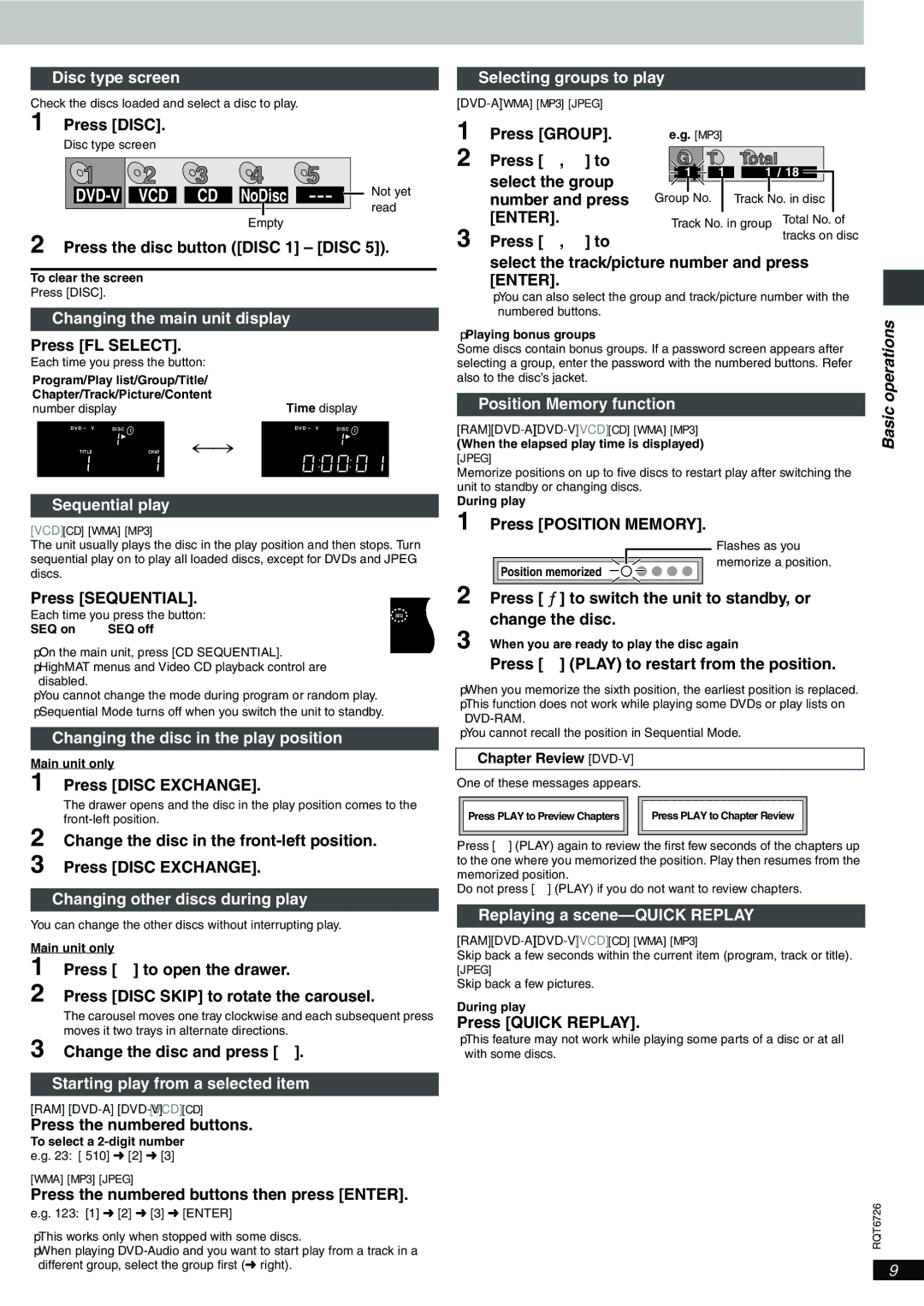 Panasonic DVD-F61 important safety instructions Basic operations 