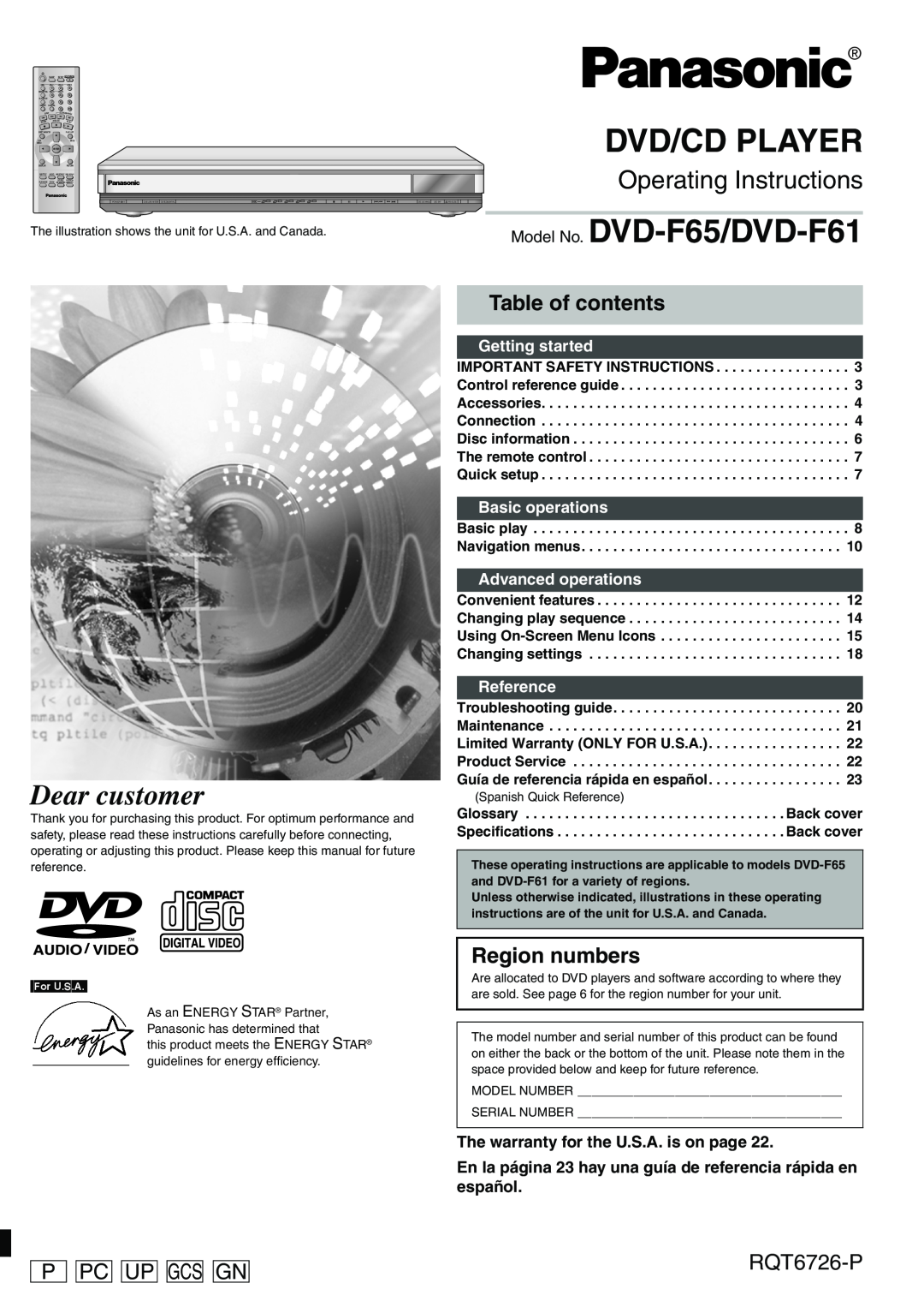 Panasonic DVD-F61 important safety instructions Table of contents, Region numbers, Pc Up Gcsgn, RQT6726-P, Preliminary 