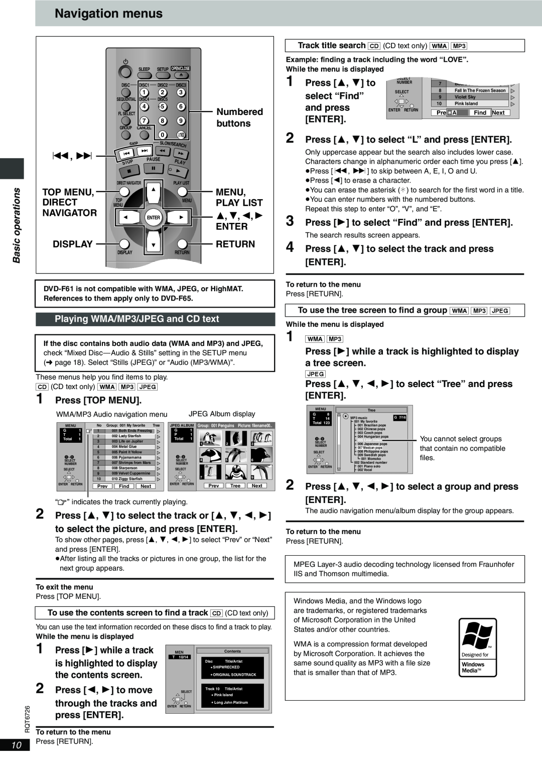 Panasonic DVD-F61 important safety instructions Navigation menus, Basic operations, Playing WMA/MP3/JPEG and CD text 